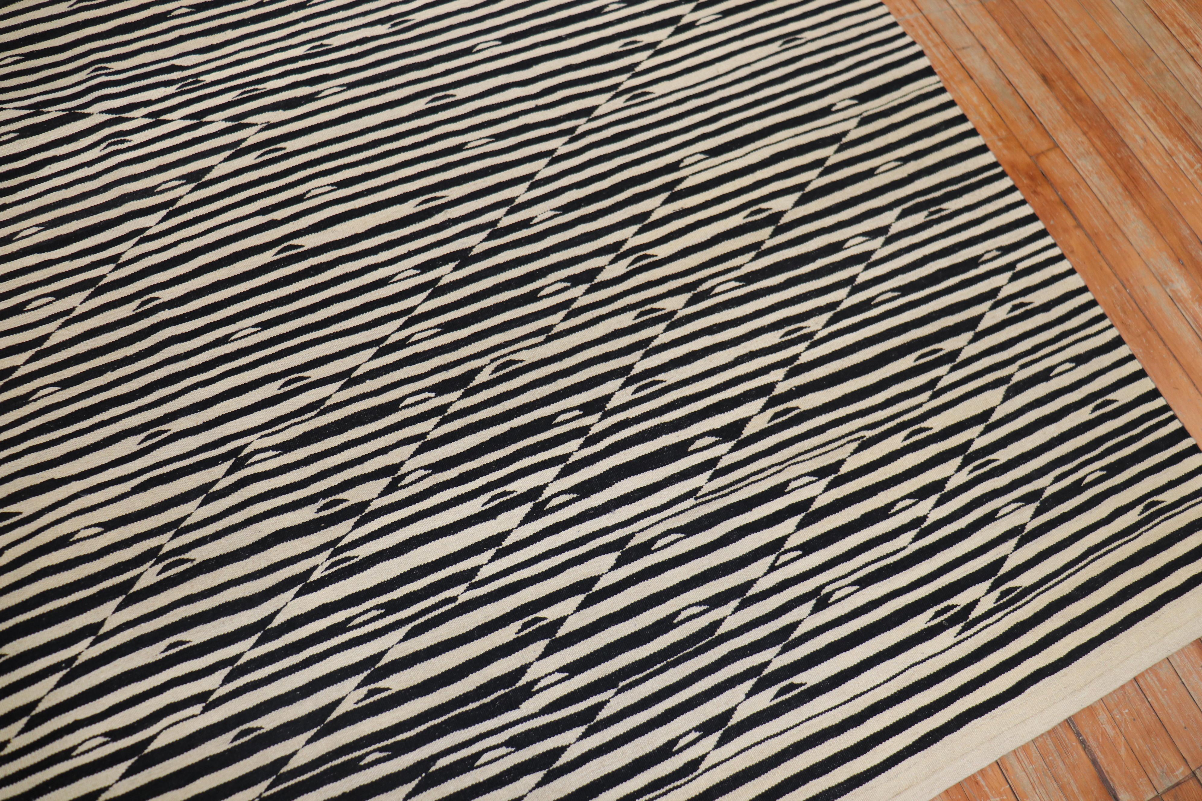 One of a kind modern Persian Kilim in black and white with a zebra-like motif

Measures: 8'6
