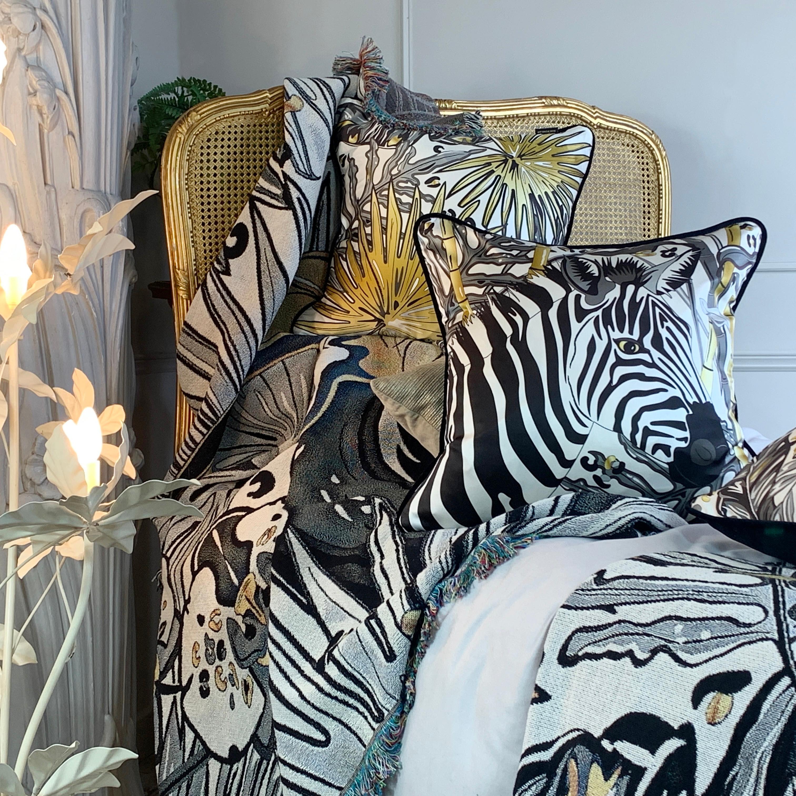 Zebra Luxury Silk Pillow,  Monochrome and Gold Tropics Collection  For Sale 4