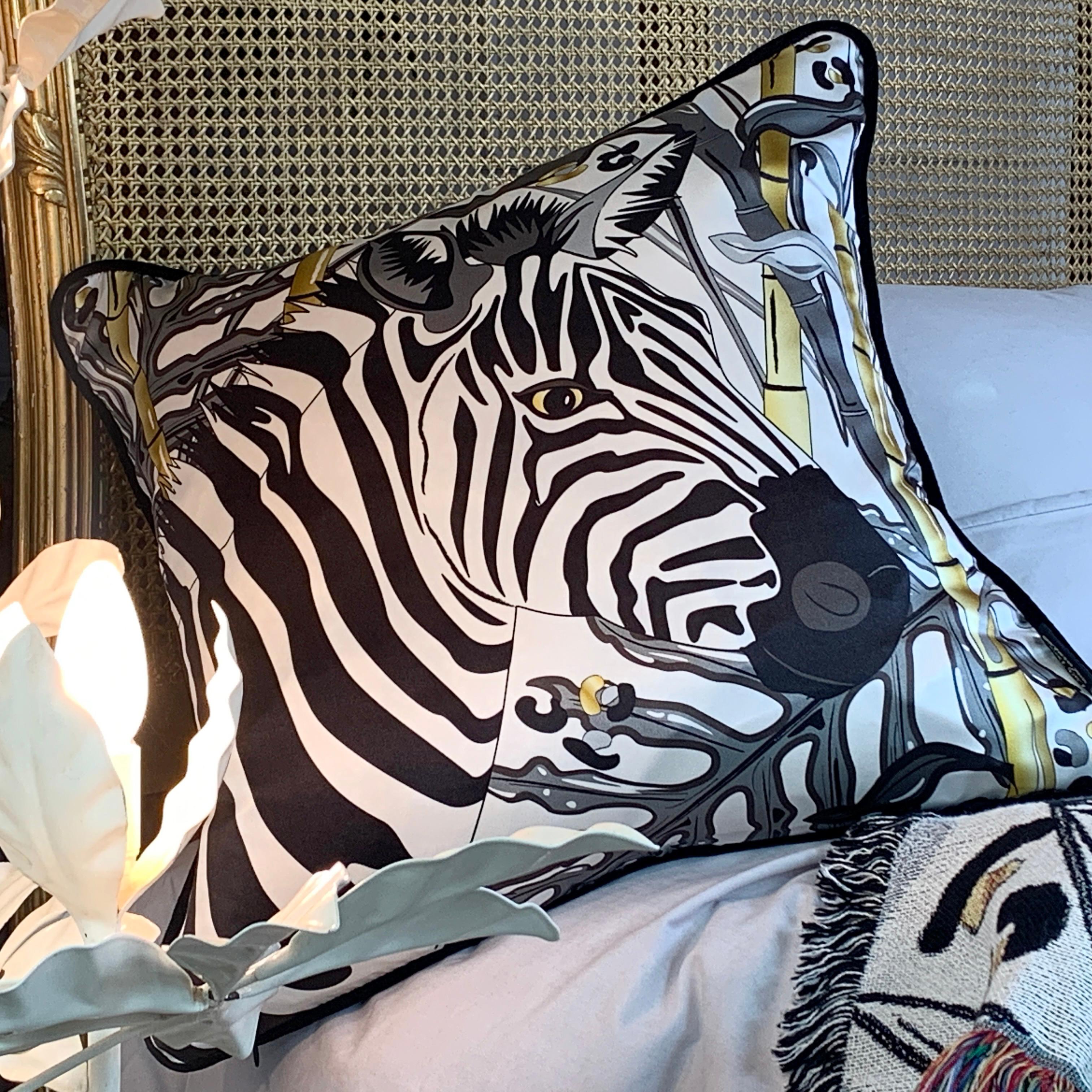 Zebra Luxury Silk Pillow,  Monochrome and Gold Tropics Collection For Sale 6