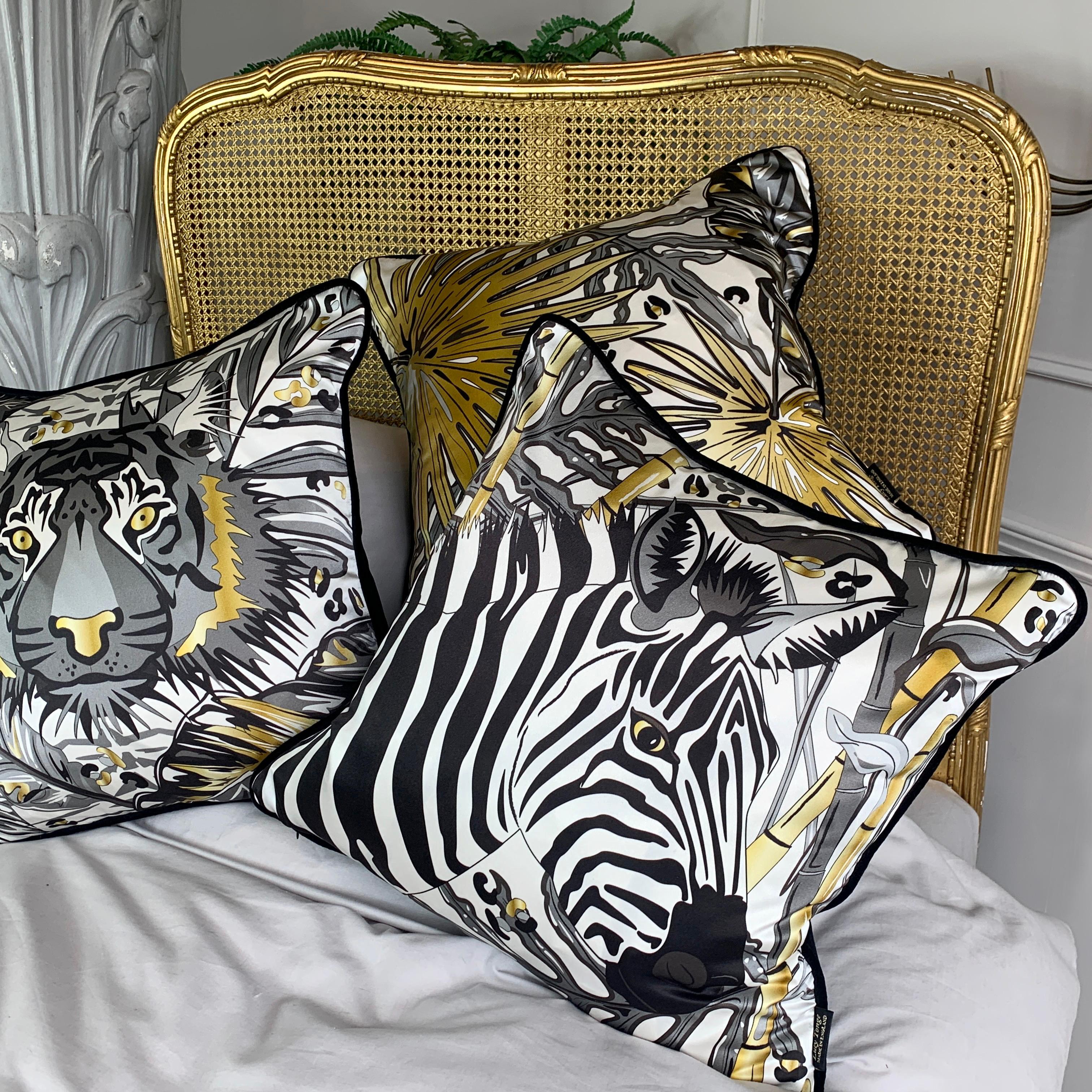 Zebra Luxury Silk Pillow,  Monochrome and Gold Tropics Collection  For Sale 7