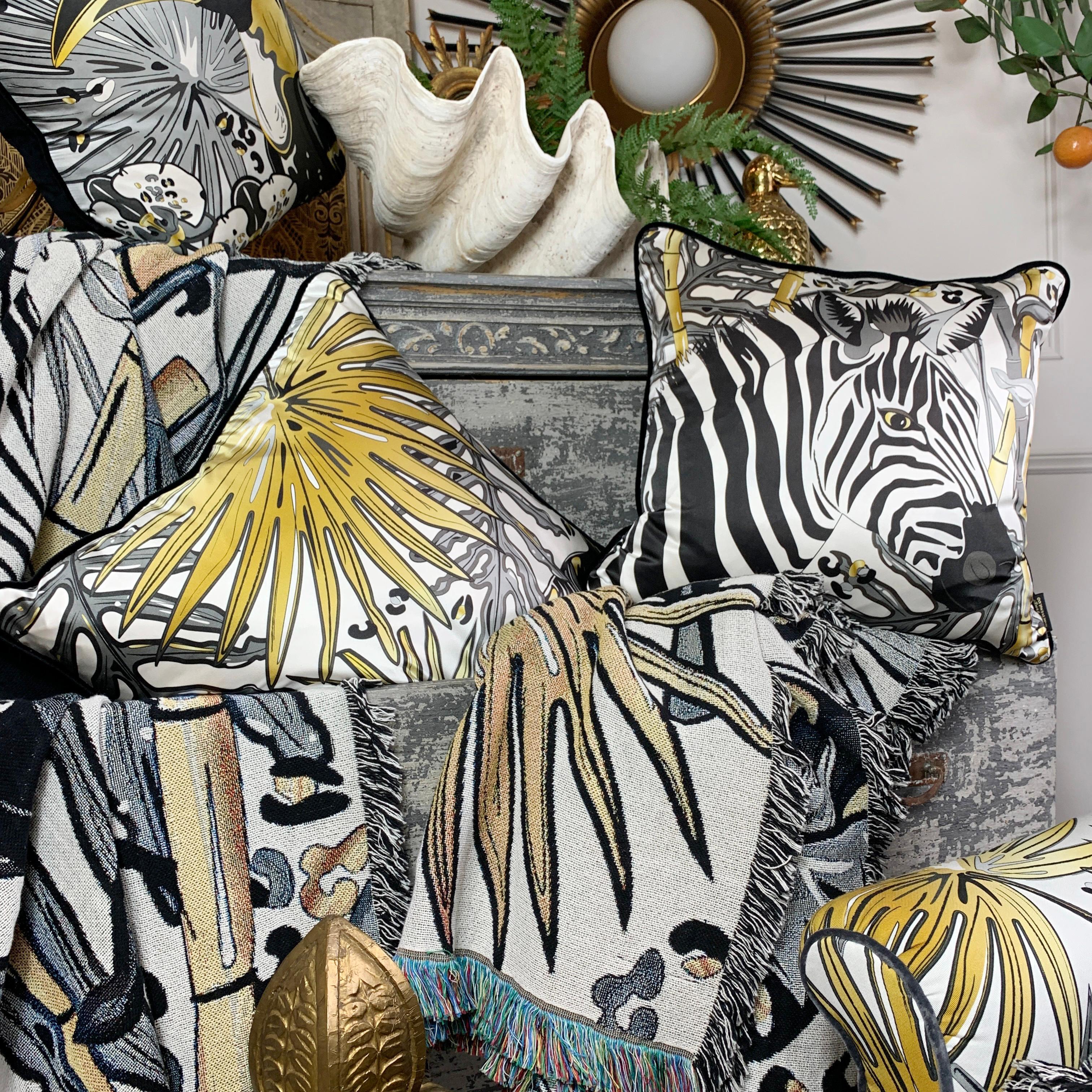 Zebra Luxury Silk Pillow,  Monochrome and Gold Tropics Collection  In New Condition For Sale In Hastings, GB