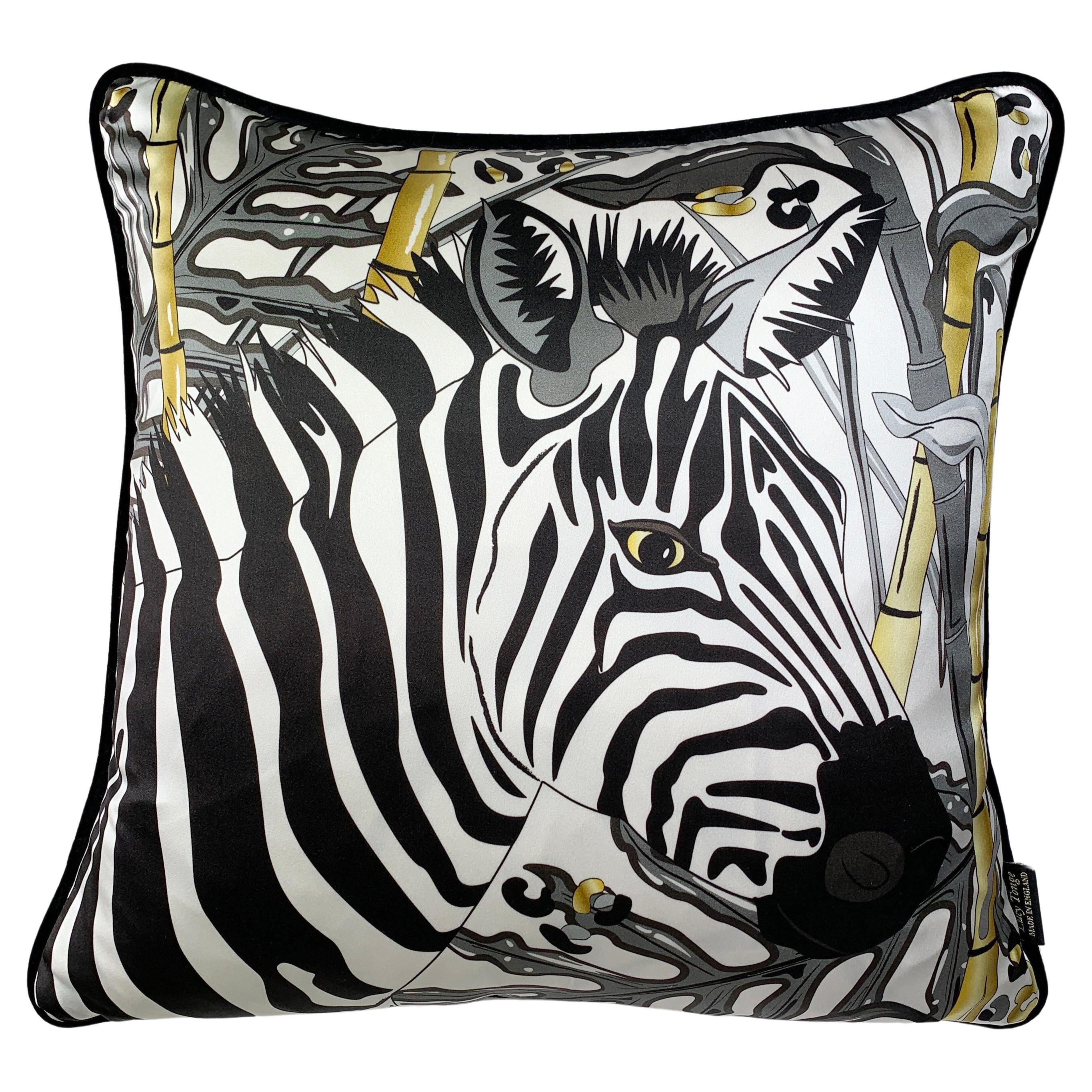 Zebra Luxury Silk Pillow,  Monochrome and Gold Tropics Collection  For Sale