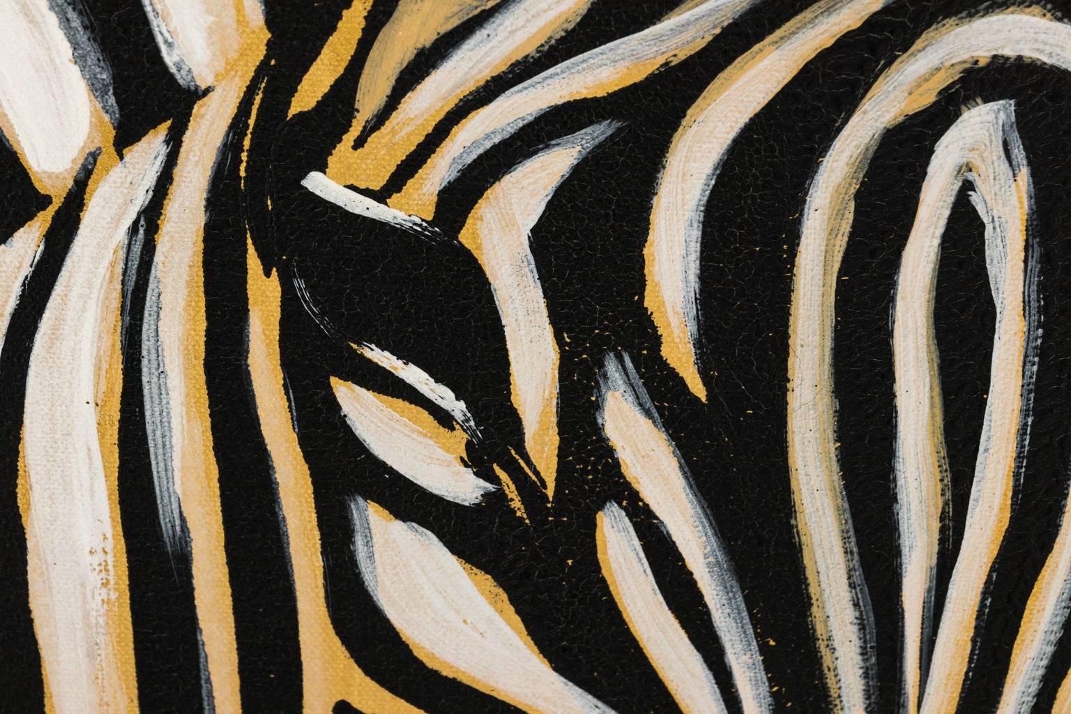 Large oil on canvas framed zebra signed Raynolds circa 1980s in a metal frame.
 