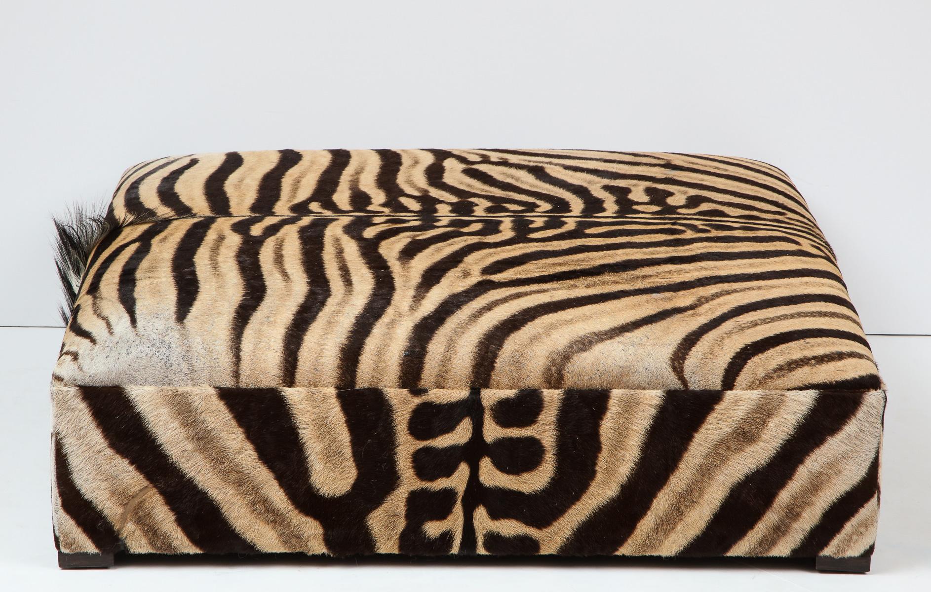 Zebra Hide Zebra Ottoman / Coffee Table, Large Square, Two Zebra hides, Custom Made In USA For Sale