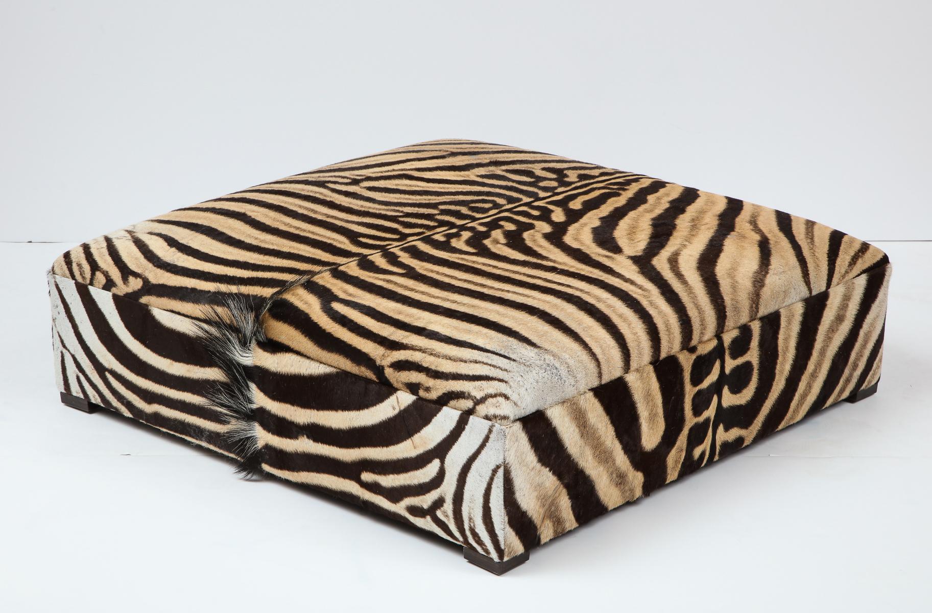 Zebra Ottoman / Coffee Table, Large Square, Two Zebra hides, Custom Made In USA For Sale 1