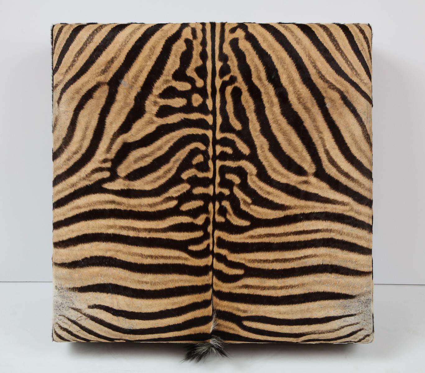 South African Zebra Ottoman / Coffee Table, Large Square, Two Zebra Hides, Custom Made In USA For Sale