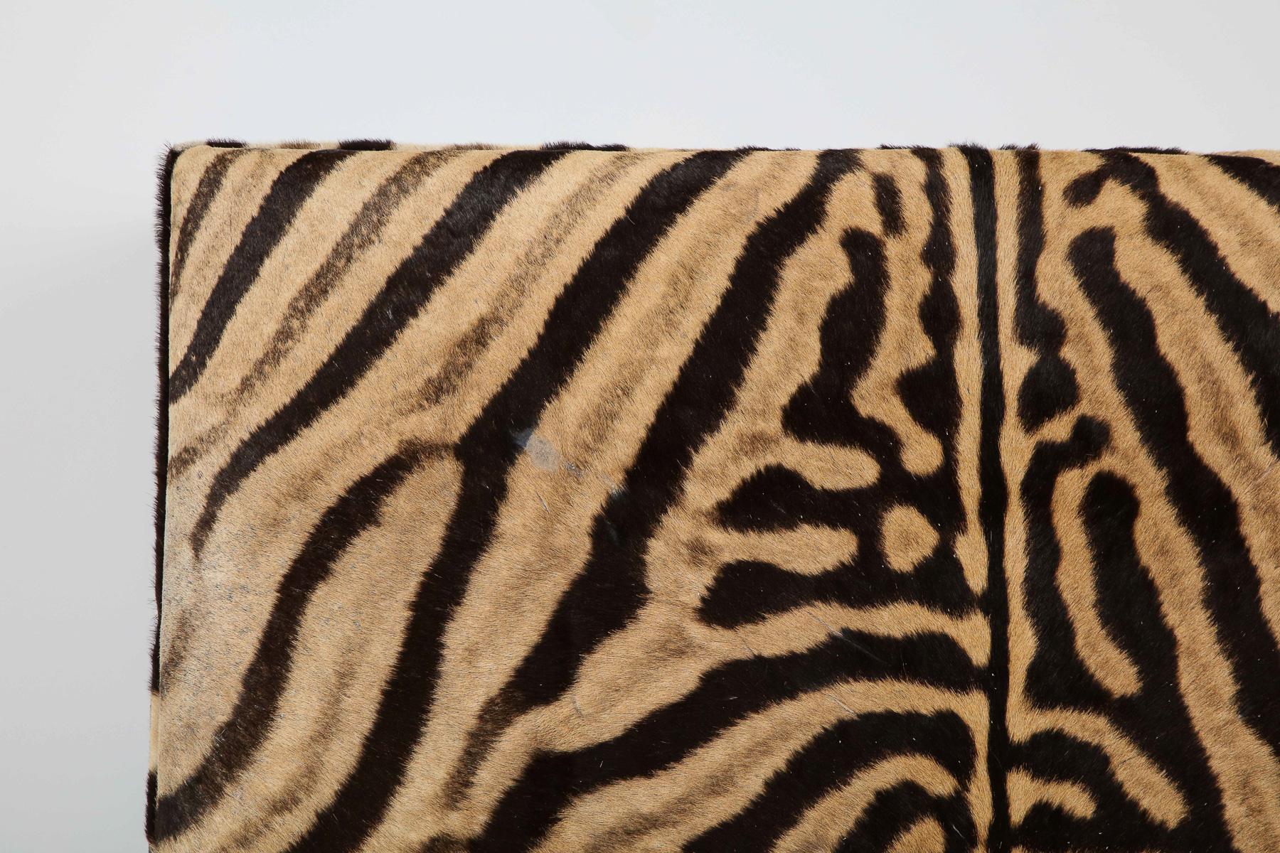 Hand-Crafted Zebra Ottoman / Coffee Table, Large Square, Two Zebra hides, Custom Made In USA For Sale