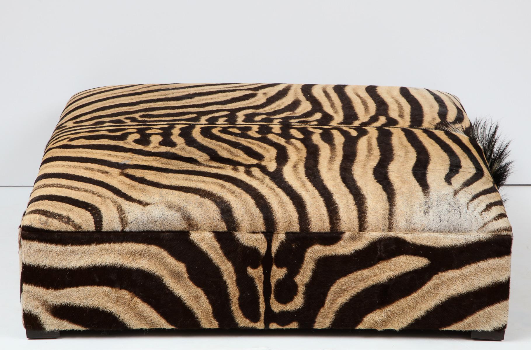 Zebra Ottoman / Coffee Table, Large Square, Two Zebra Hides, Custom Made In USA In New Condition For Sale In New York, NY