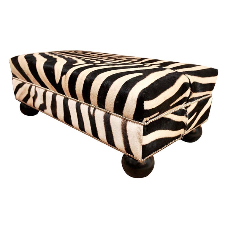 Zebra Ottoman, Zebra Hides from South Africa, Nail Heads, Wood Legs, Made In USA For Sale