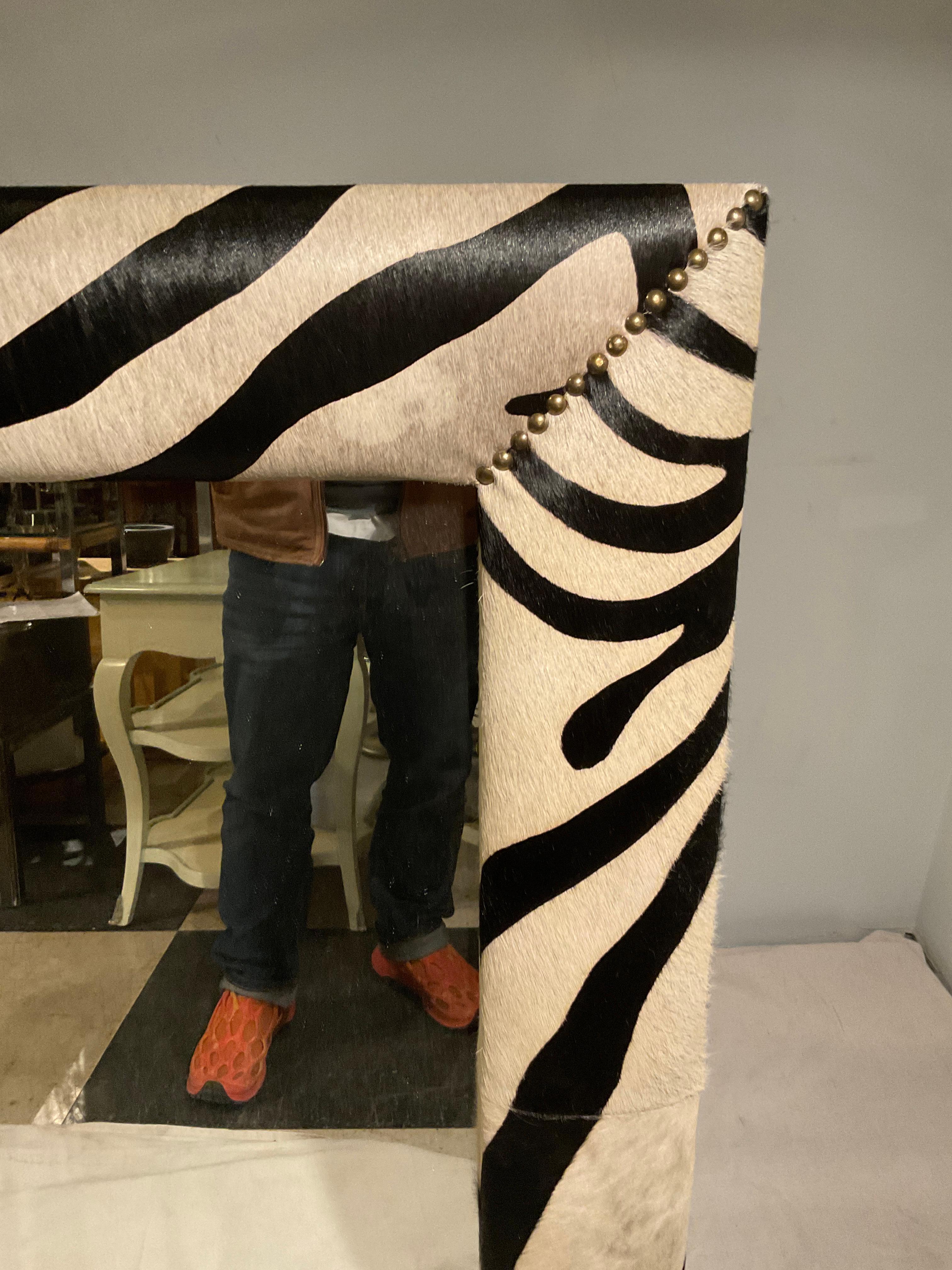 Zebra Pattern Mirror  Made From Cowhide In Good Condition For Sale In Tarrytown, NY