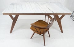 Zebra Pattern Rectangle Marble Top Solid Walnut Base Dining Table Mid Century