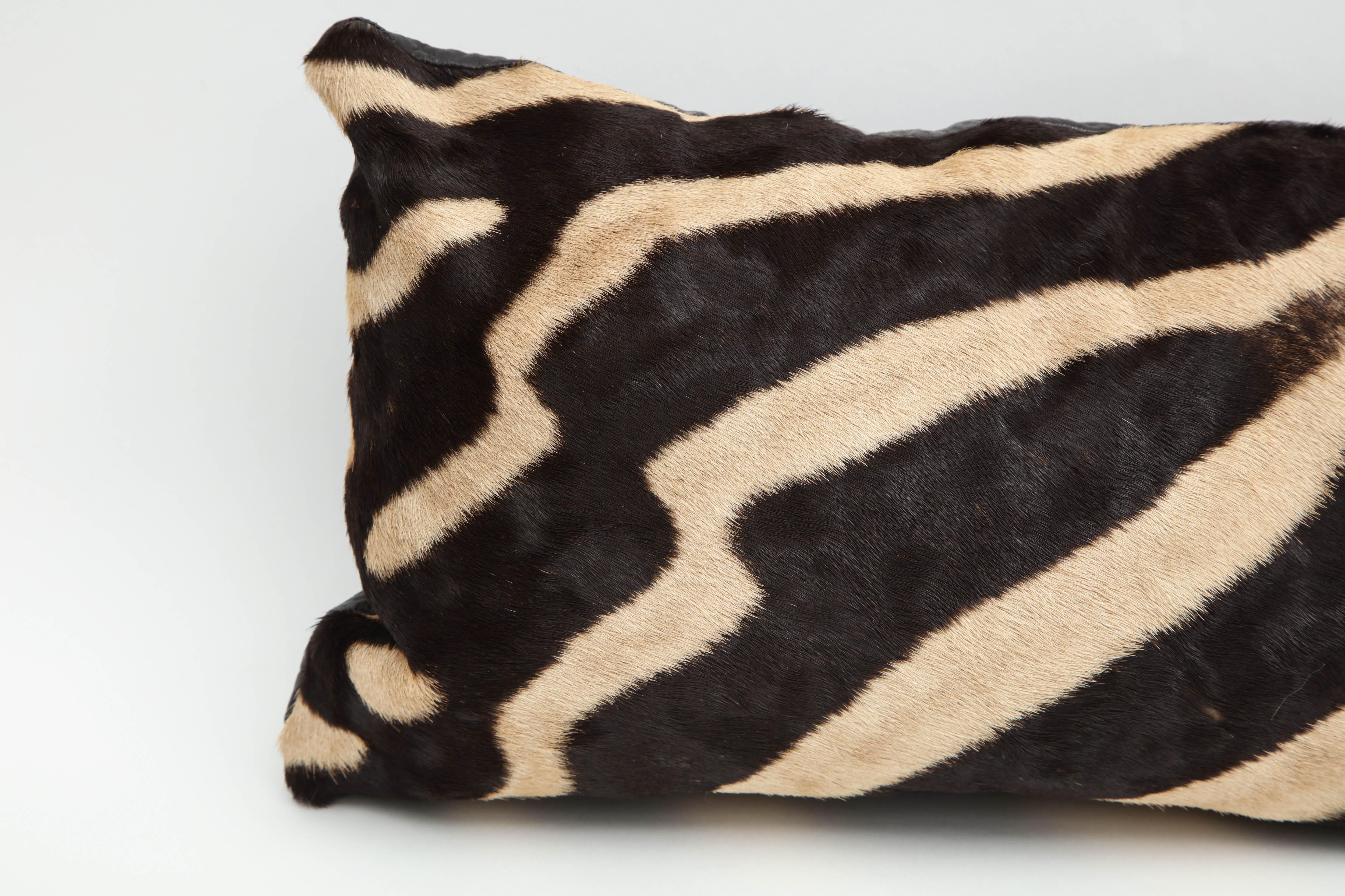 Campaign Pillow, Zebra Hide, Chocolate Brown Zebra Hide with Leather Backing, in Stock