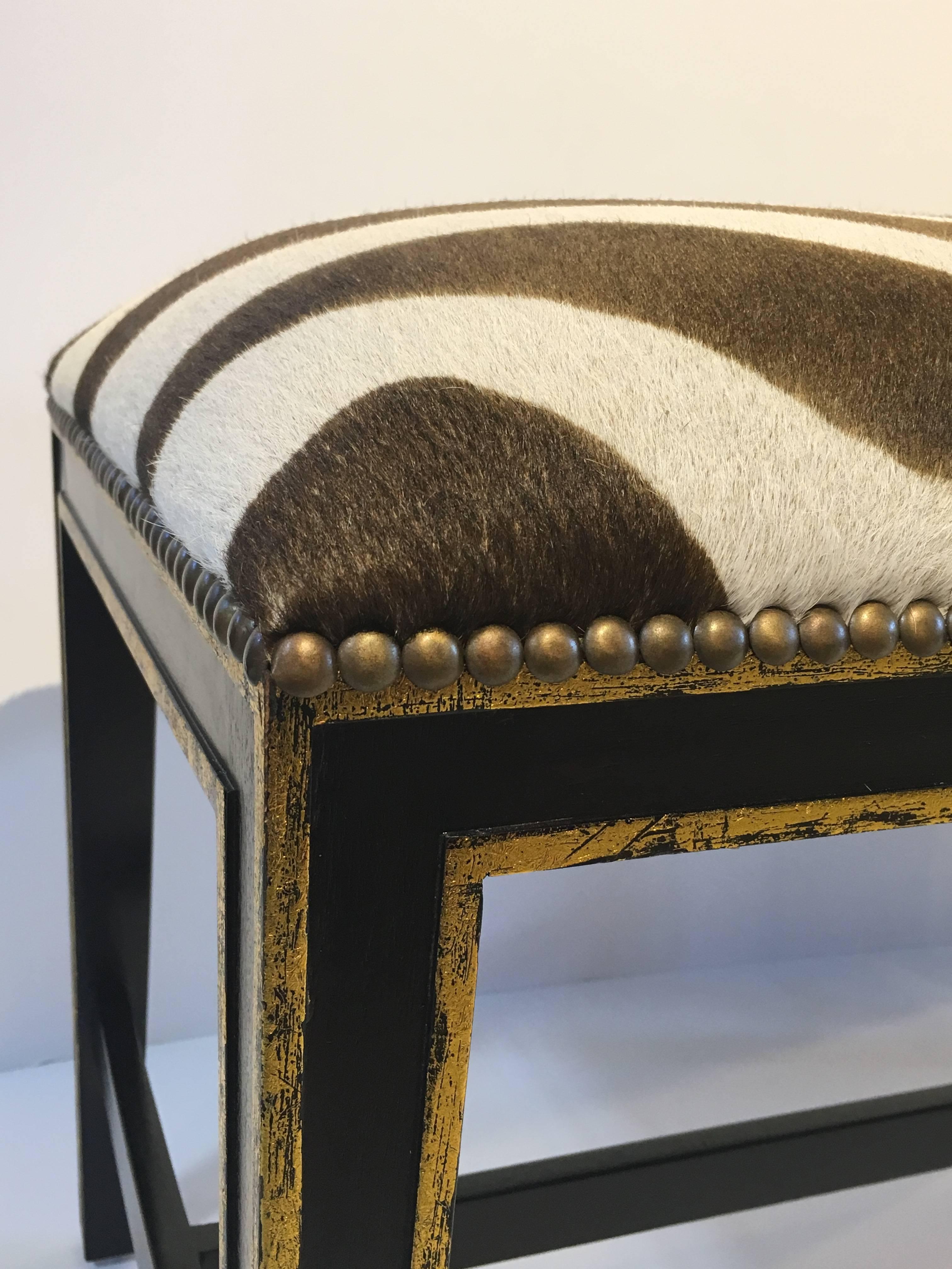 Zebra Printed Hide Pair of Ottomans or Benches, with Brass Nailhead Detailing 5