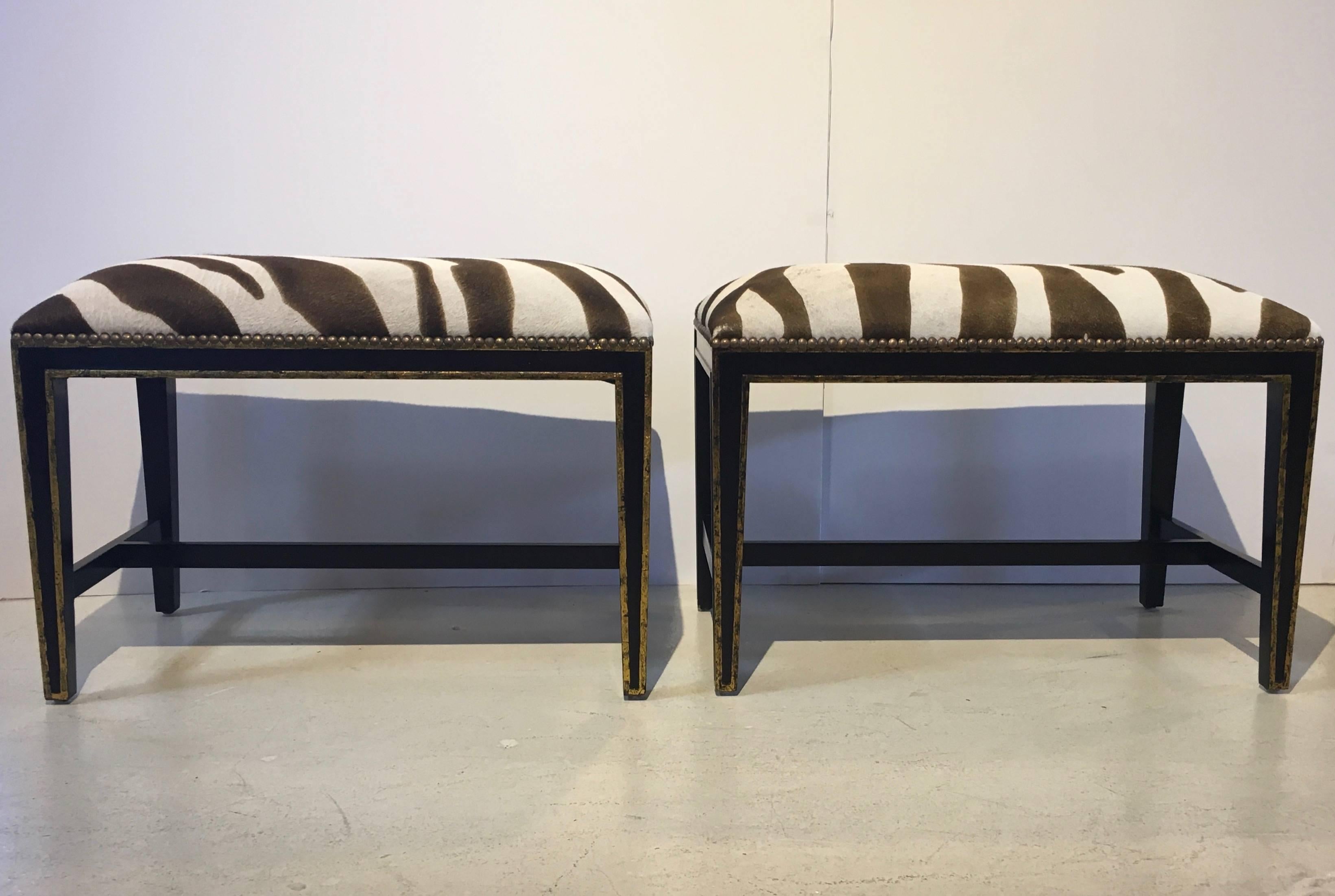 Hollywood Regency Zebra Printed Hide Pair of Ottomans or Benches, with Brass Nailhead Detailing