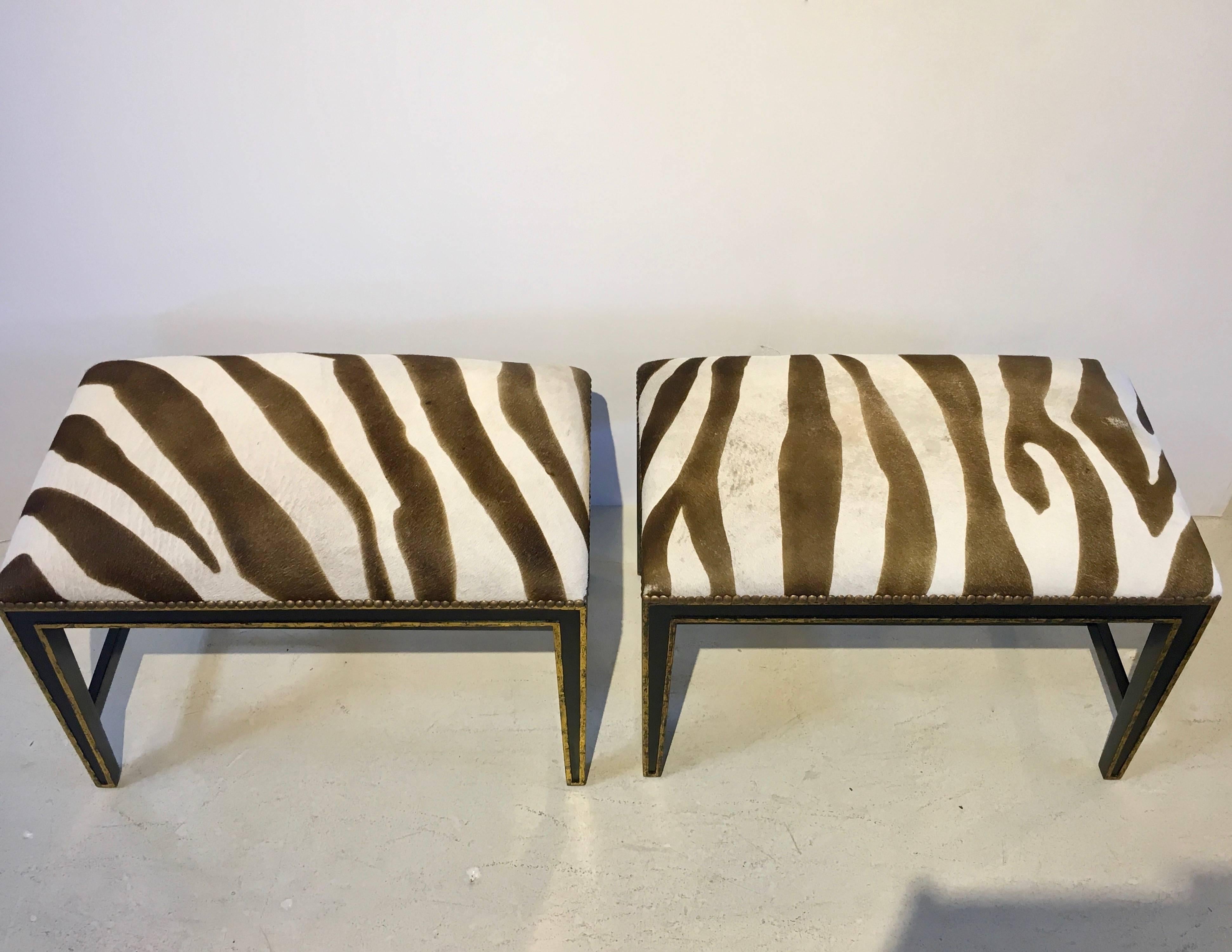 Zebra Printed Hide Pair of Ottomans or Benches, with Brass Nailhead Detailing In Good Condition In Stamford, CT