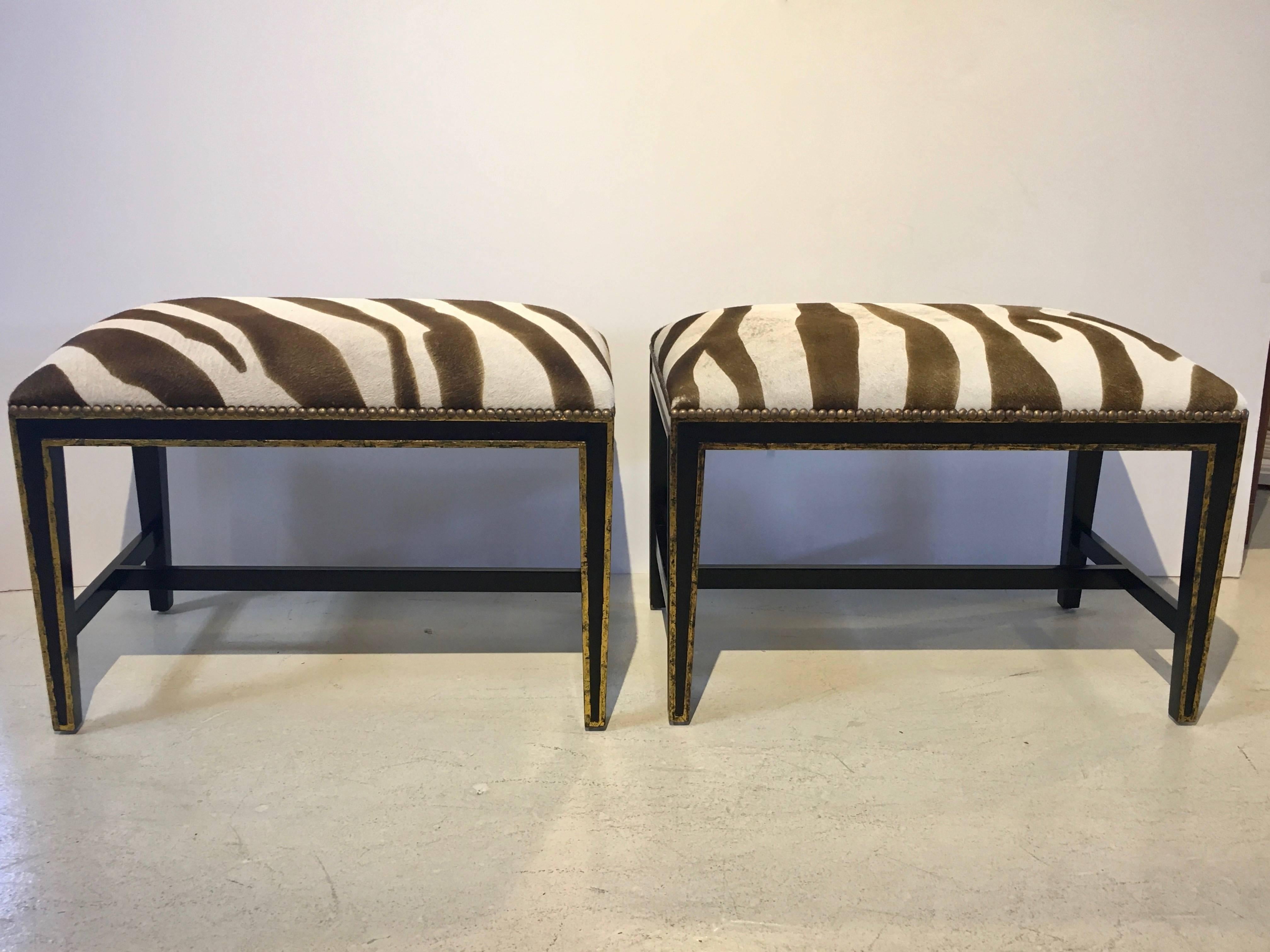 Contemporary Zebra Printed Hide Pair of Ottomans or Benches, with Brass Nailhead Detailing