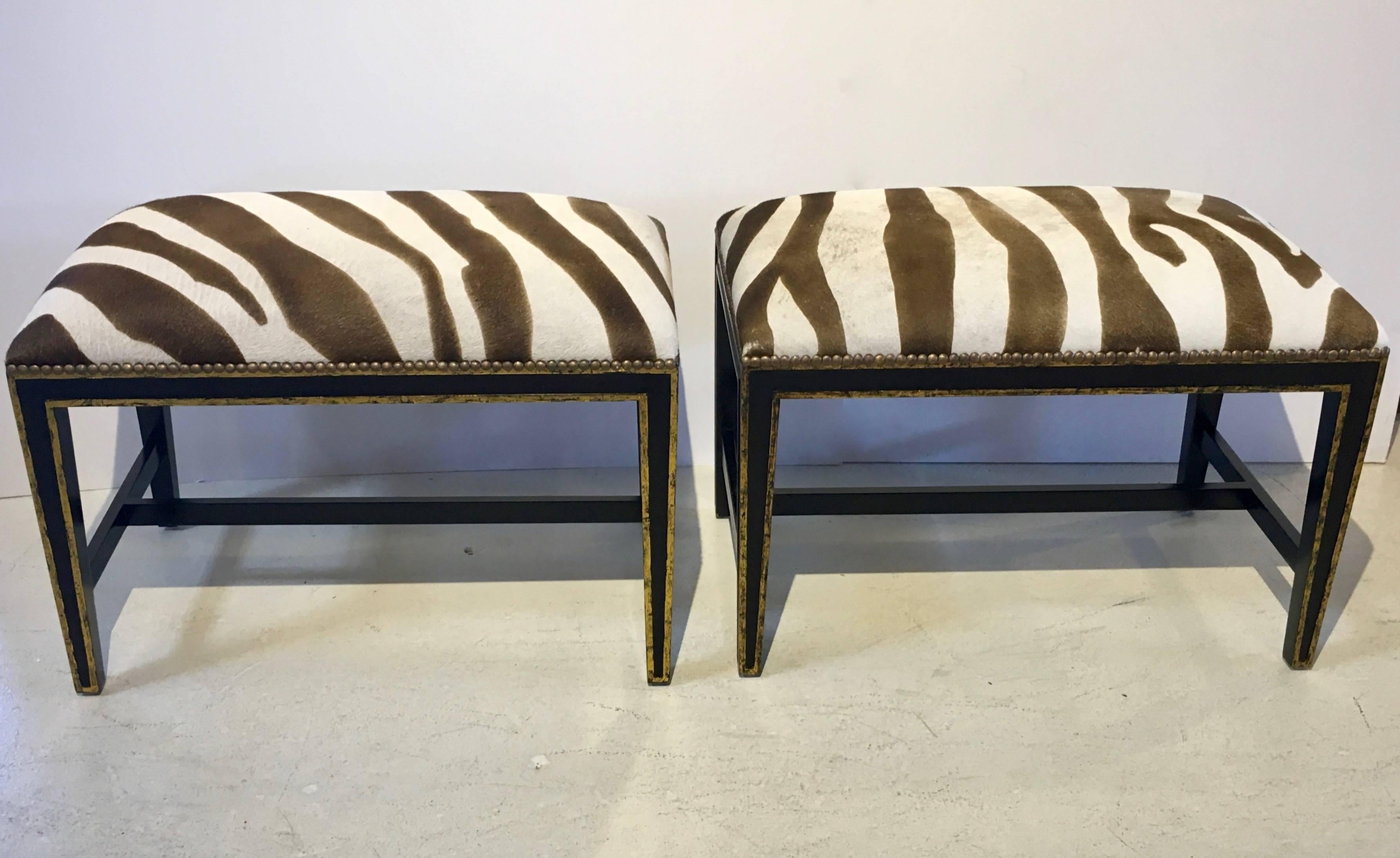 Zebra Printed Hide Pair of Ottomans or Benches, with Brass Nailhead Detailing 1