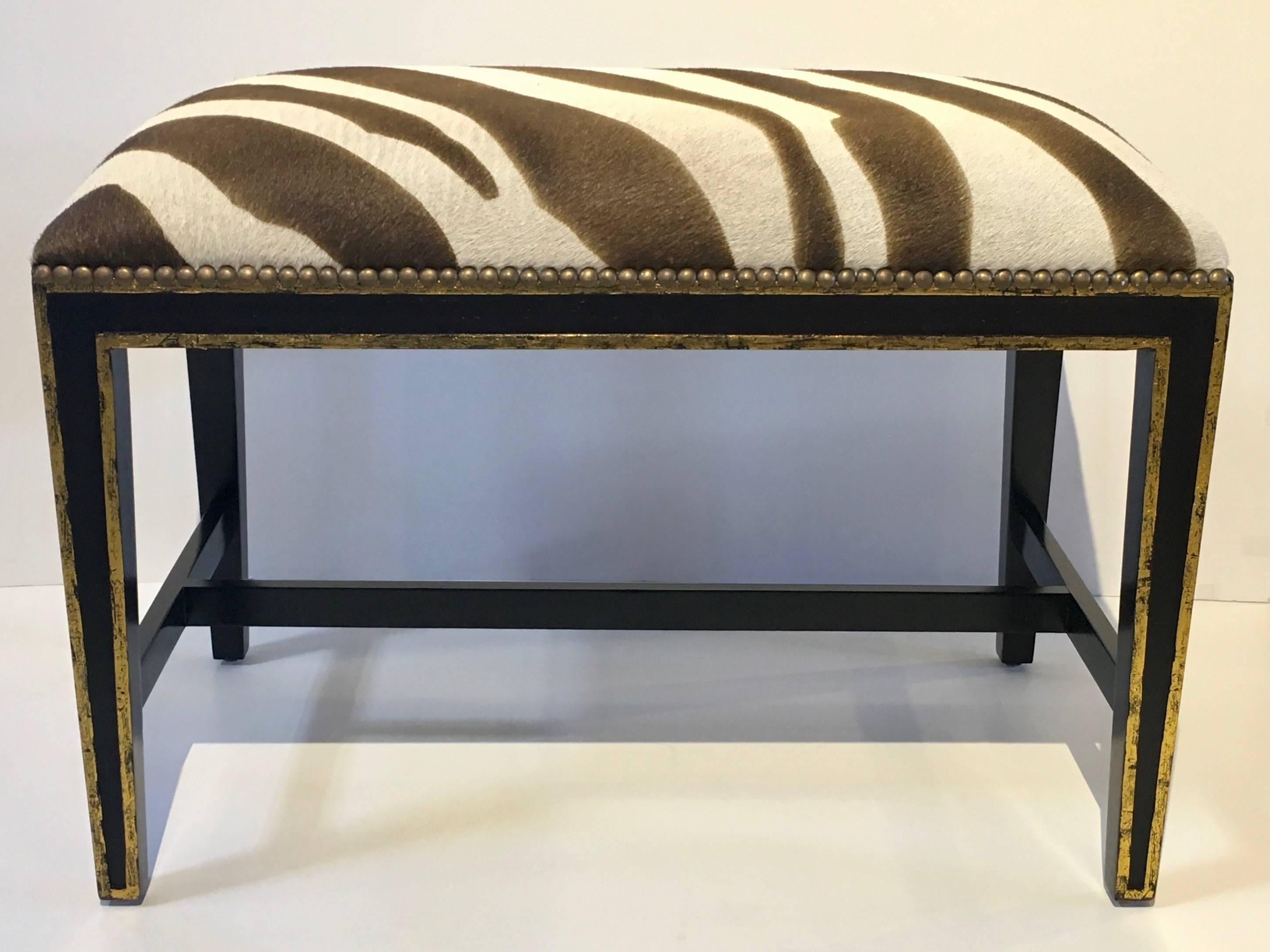 Zebra Printed Hide Pair of Ottomans or Benches, with Brass Nailhead Detailing 2