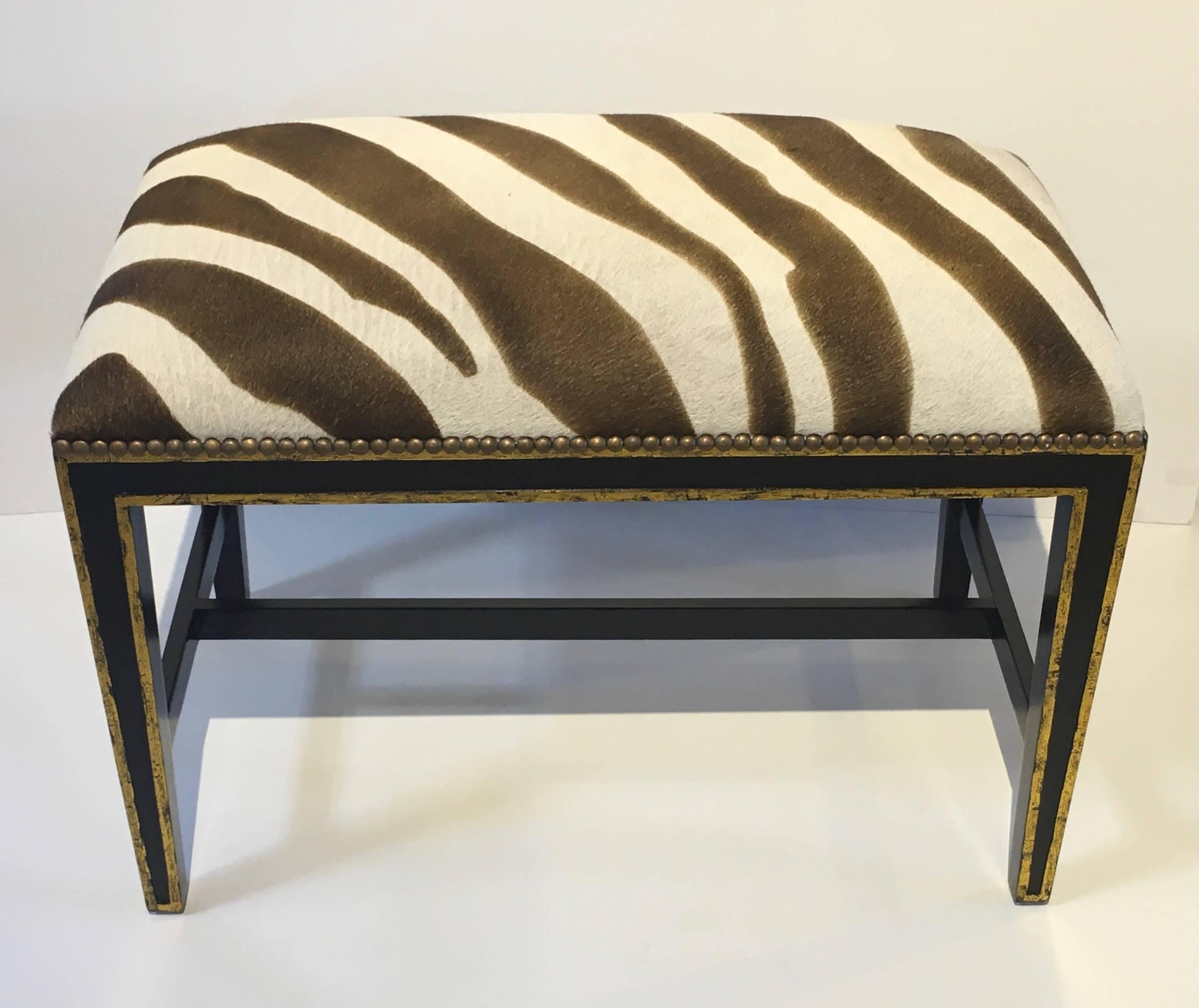 Zebra Printed Hide Pair of Ottomans or Benches, with Brass Nailhead Detailing 3