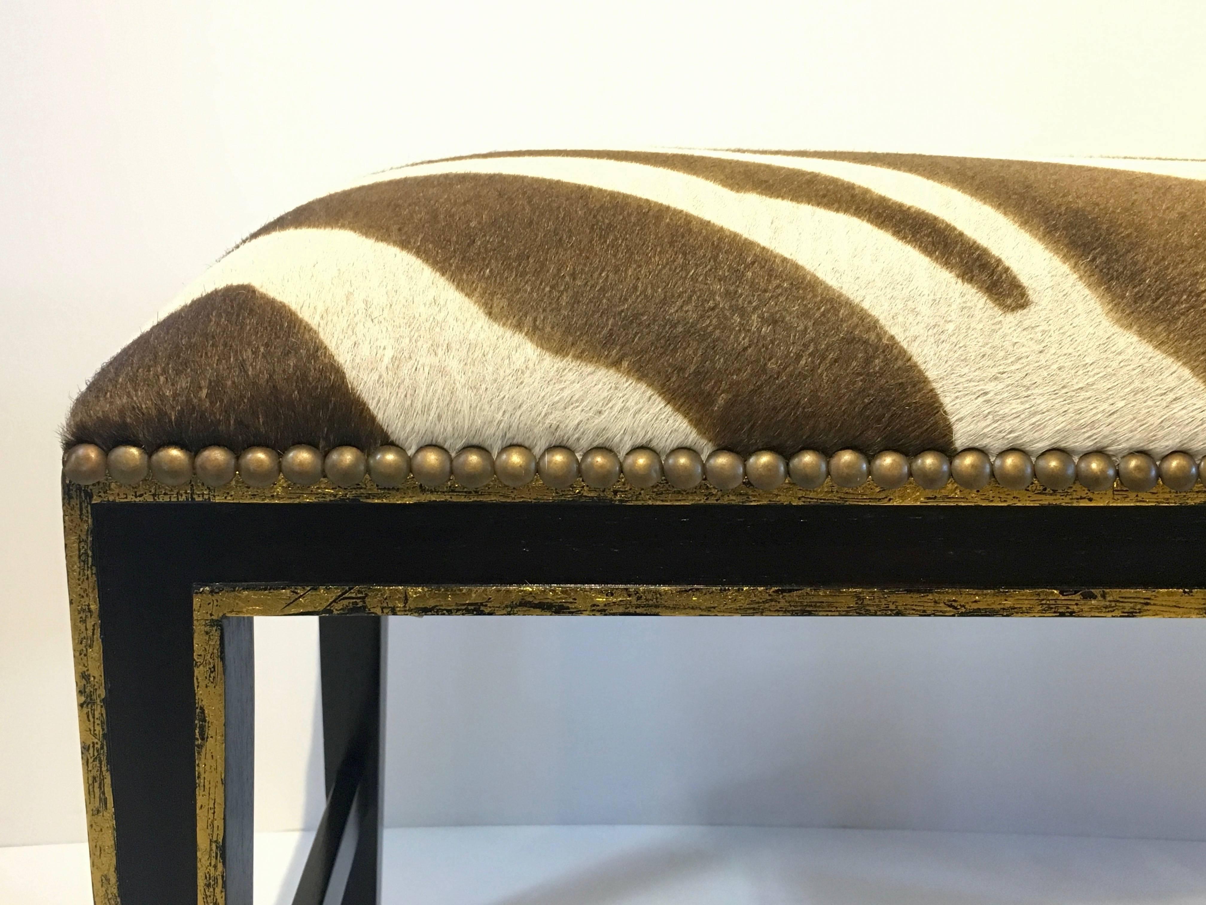 Zebra Printed Hide Pair of Ottomans or Benches, with Brass Nailhead Detailing 4