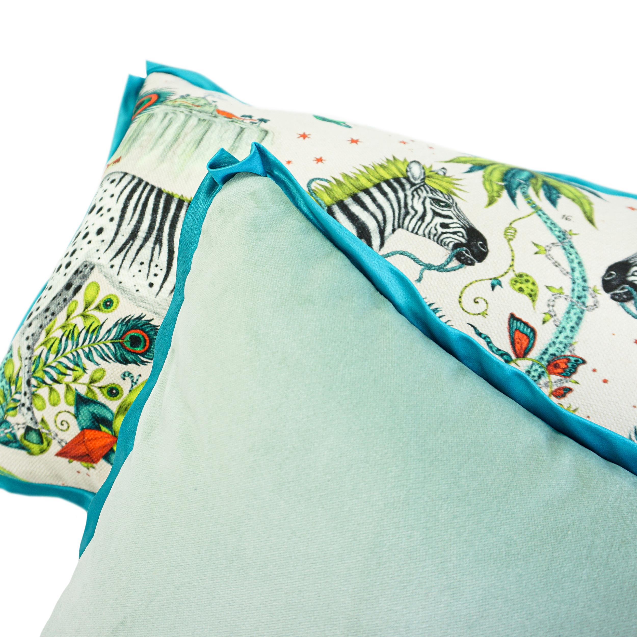 Zebra Printed Linen Lumbar Pillow w Duck Egg Velvet Back and Aqua Sateen Flange For Sale 3