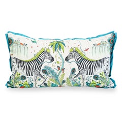 Coussin lombaire en lin imprimé zébré avec dos en velours d'œuf de canard et frange en satin turquoise