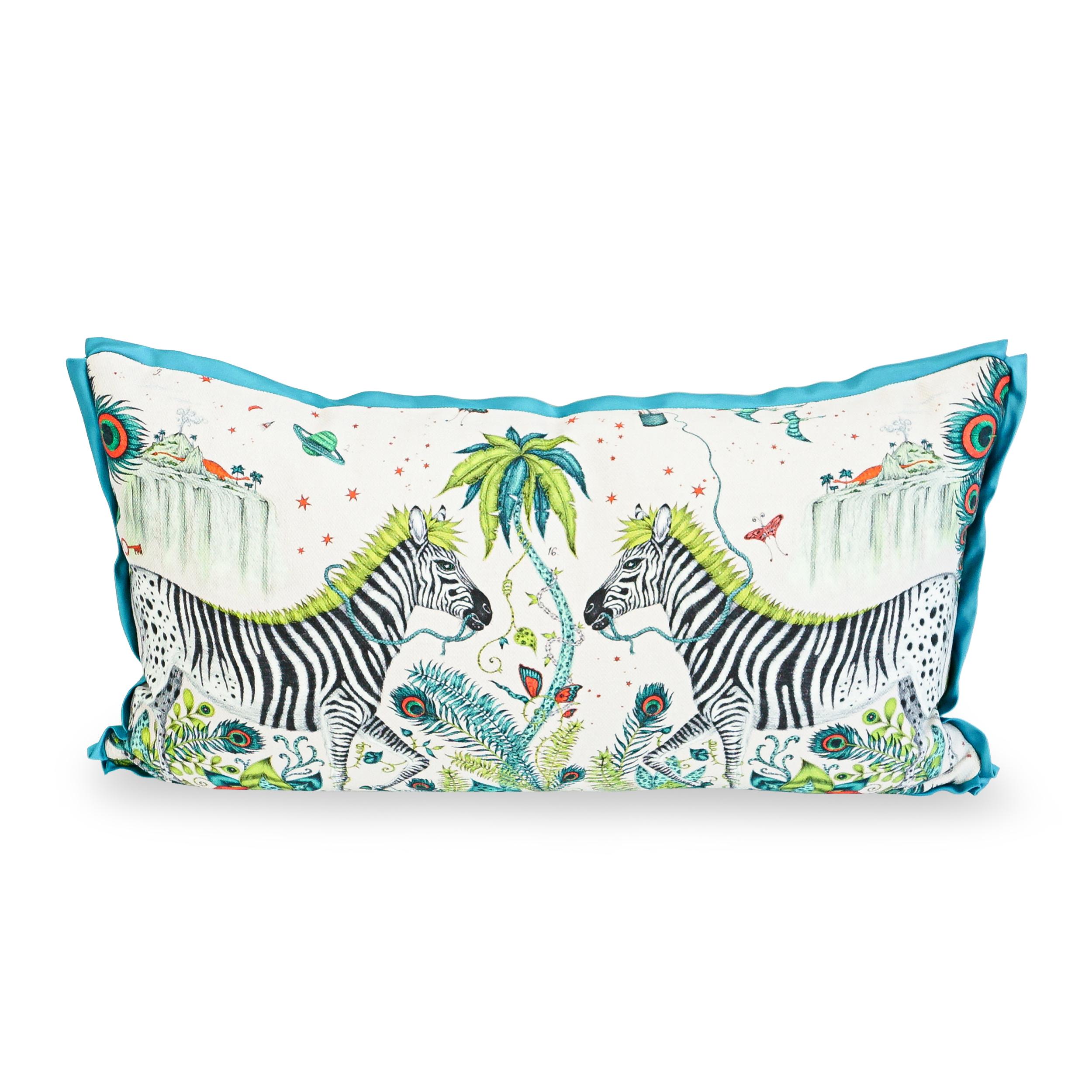 American Zebra Printed Linen Lumbar Pillow w Duck Egg Velvet Back and Aqua Sateen Flange For Sale