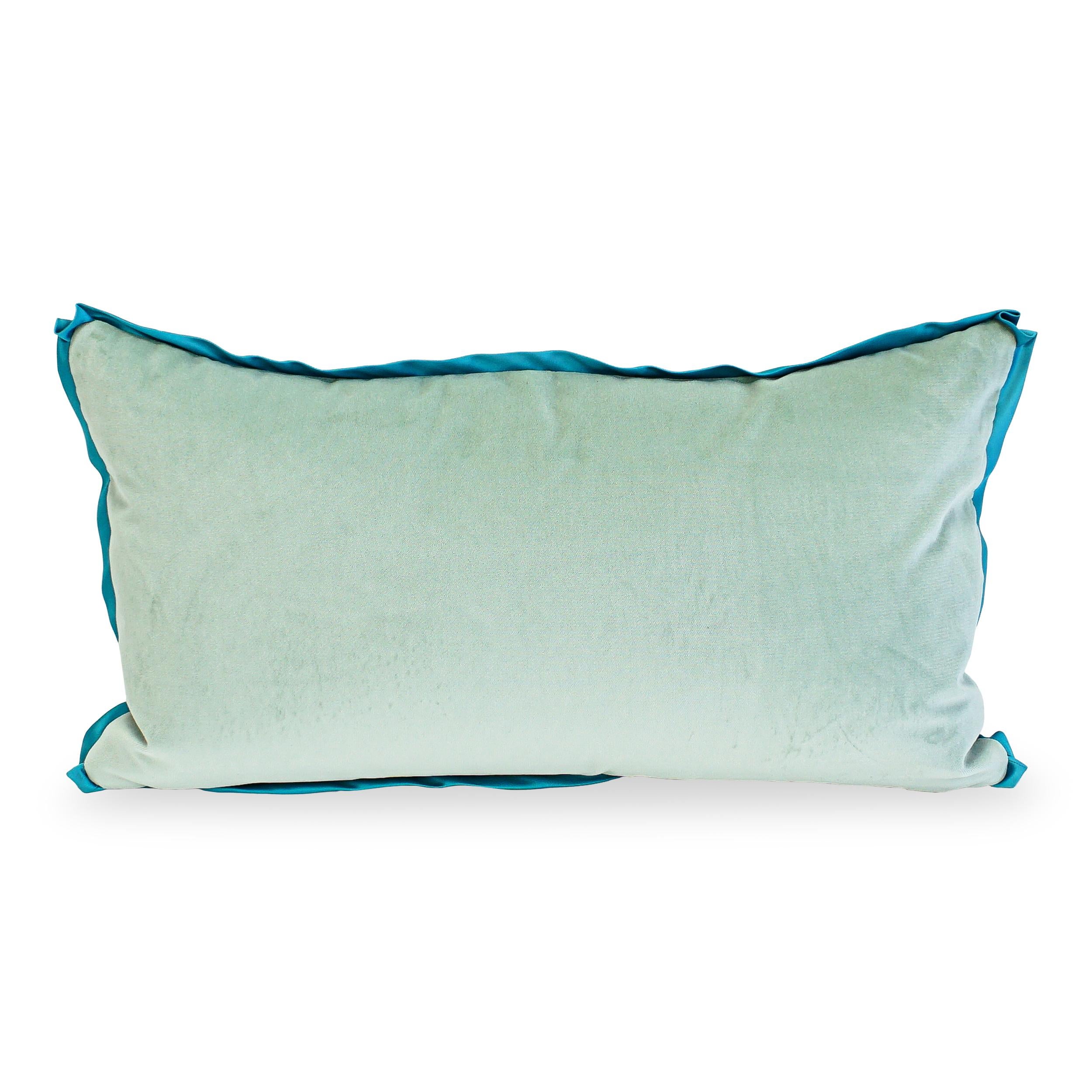 Contemporary Zebra Printed Linen Lumbar Pillow w Duck Egg Velvet Back and Aqua Sateen Flange For Sale
