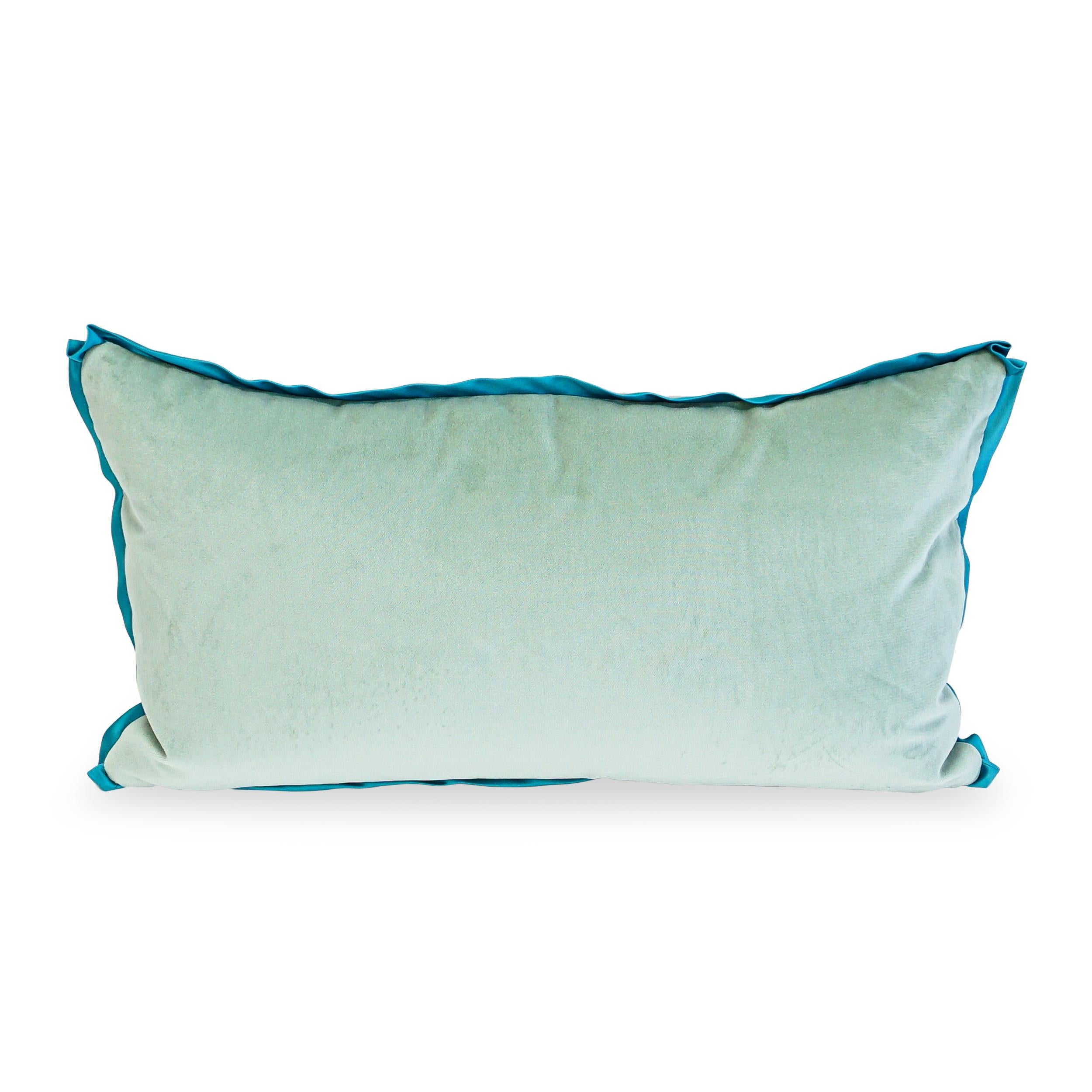 Down Zebra Printed Linen Lumbar Pillow w Duck Egg Velvet Back and Aqua Sateen Flange For Sale