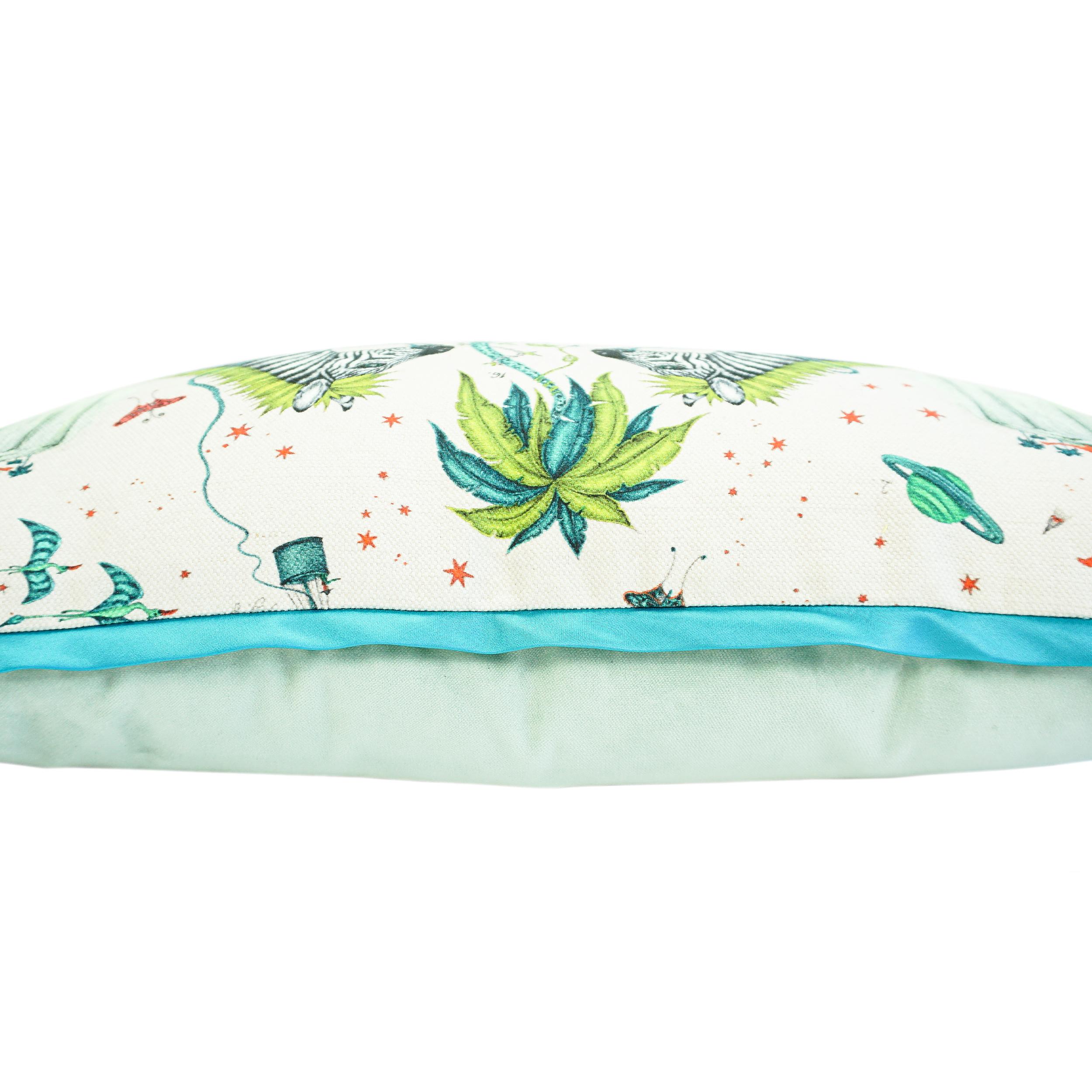 Zebra Printed Linen Lumbar Pillow w Duck Egg Velvet Back and Aqua Sateen Flange For Sale 1