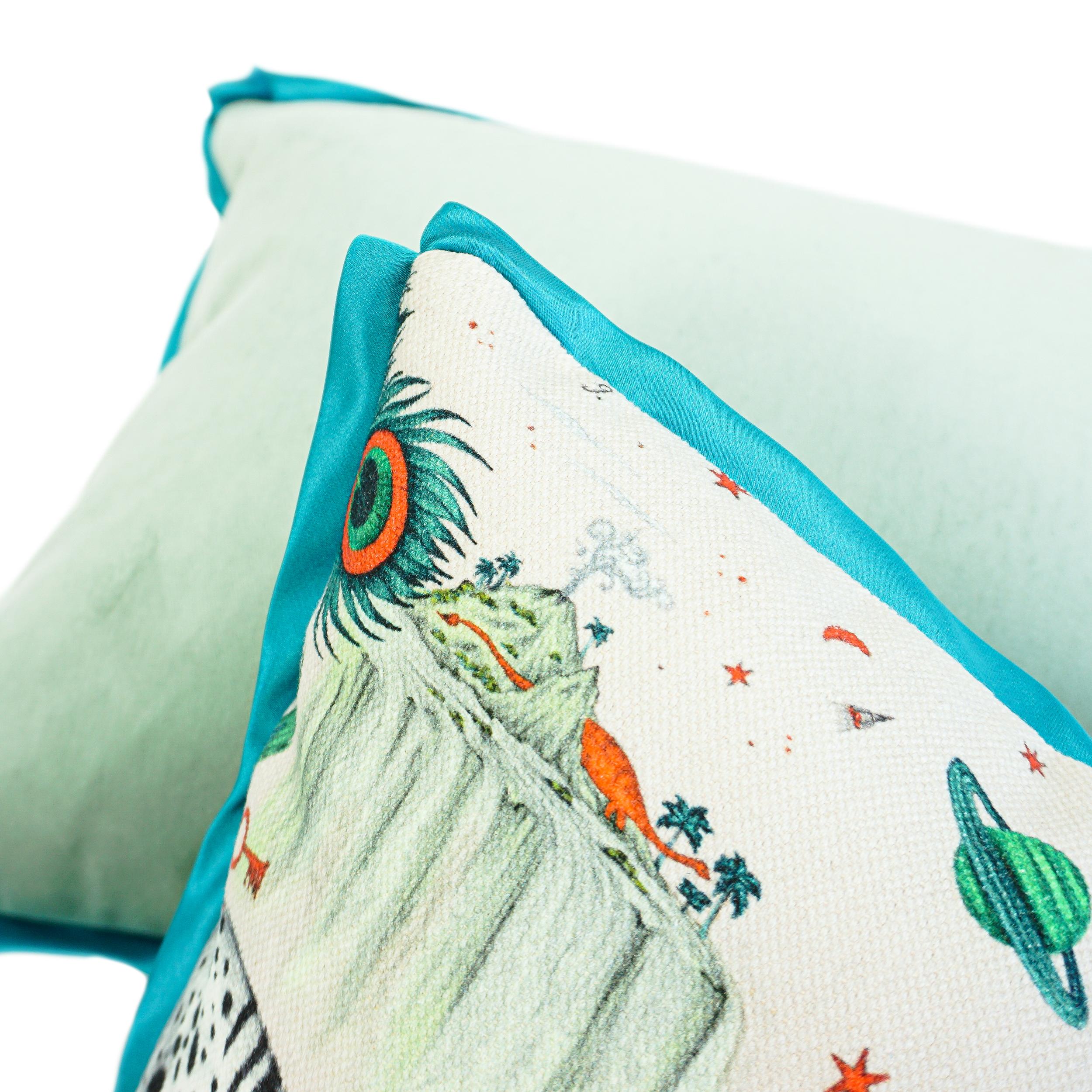 Zebra Printed Linen Lumbar Pillow w Duck Egg Velvet Back and Aqua Sateen Flange For Sale 2