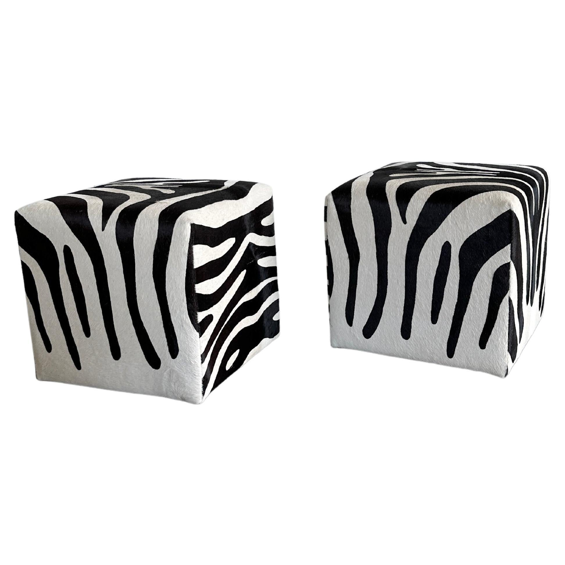 Zebra Printed Pony Hair Cube Ottoman For Sale