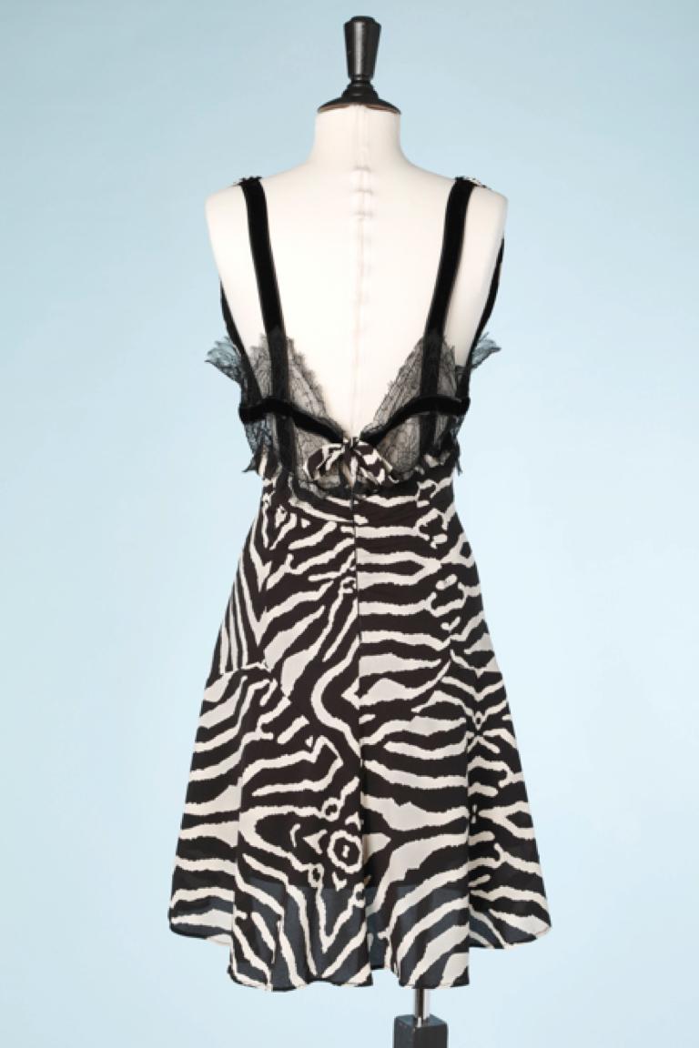 Black Zebra printed silk chiffon dress with black lace appliqué  Roberto Cavalli  For Sale