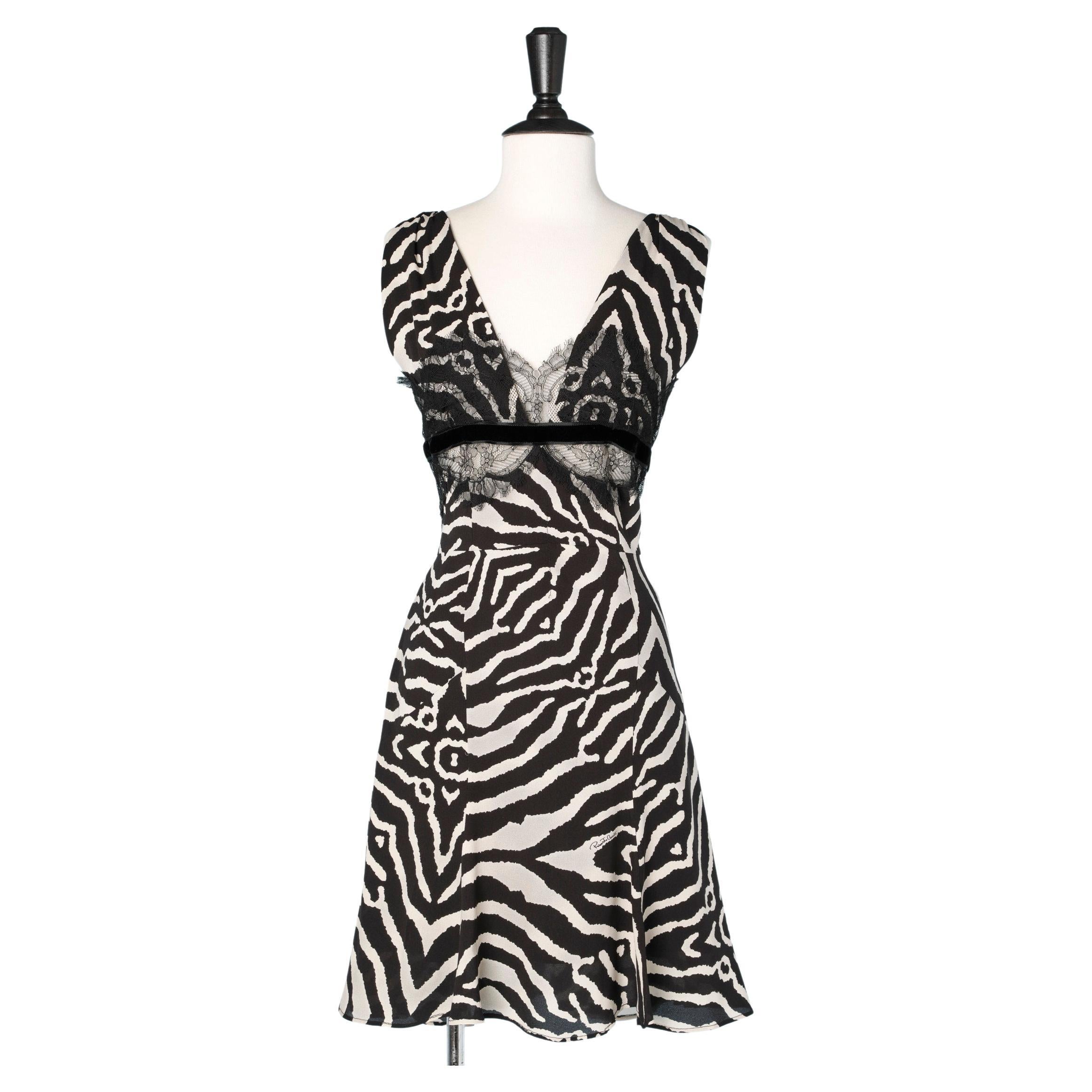 Zebra printed silk chiffon dress with black lace appliqué  Roberto Cavalli  For Sale