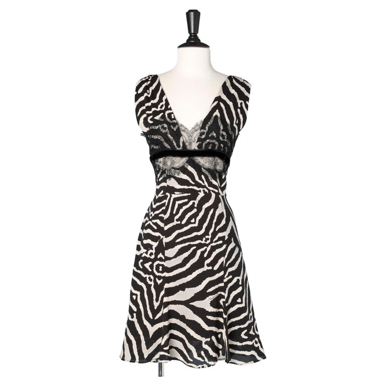 Zebra printed silk chiffon dress with black lace appliqué Roberto ...