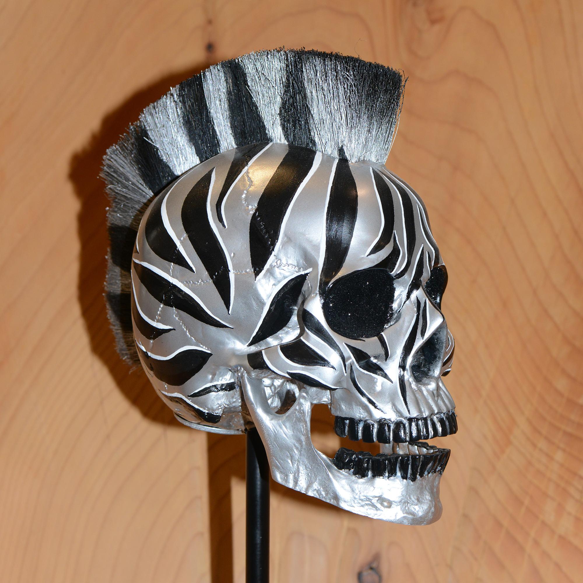 Blackened Zebra Silver Skull Sculpture For Sale