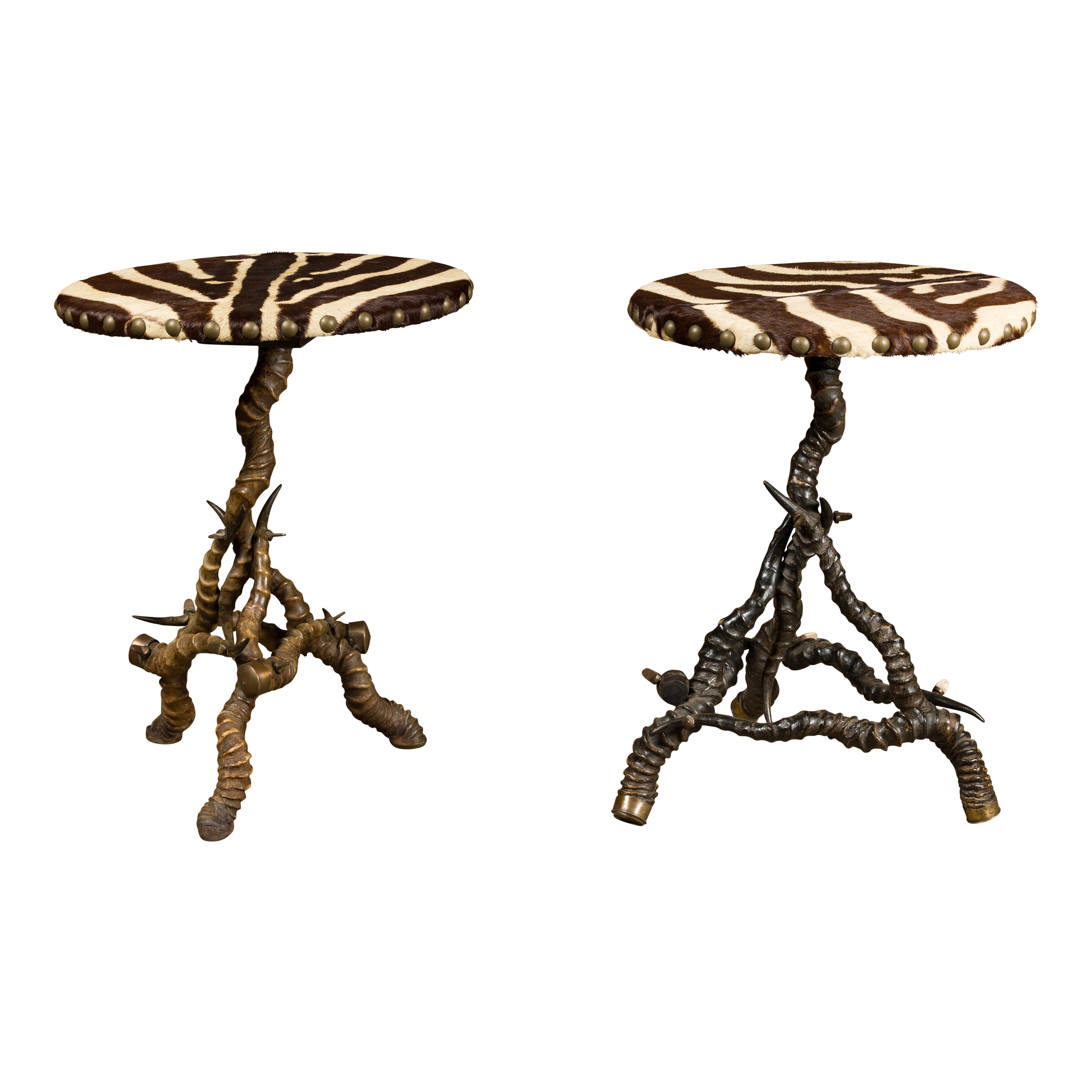 Zebra Skin Circular Top Side Tables with Horn Bases, Two Sold Each For Sale 12
