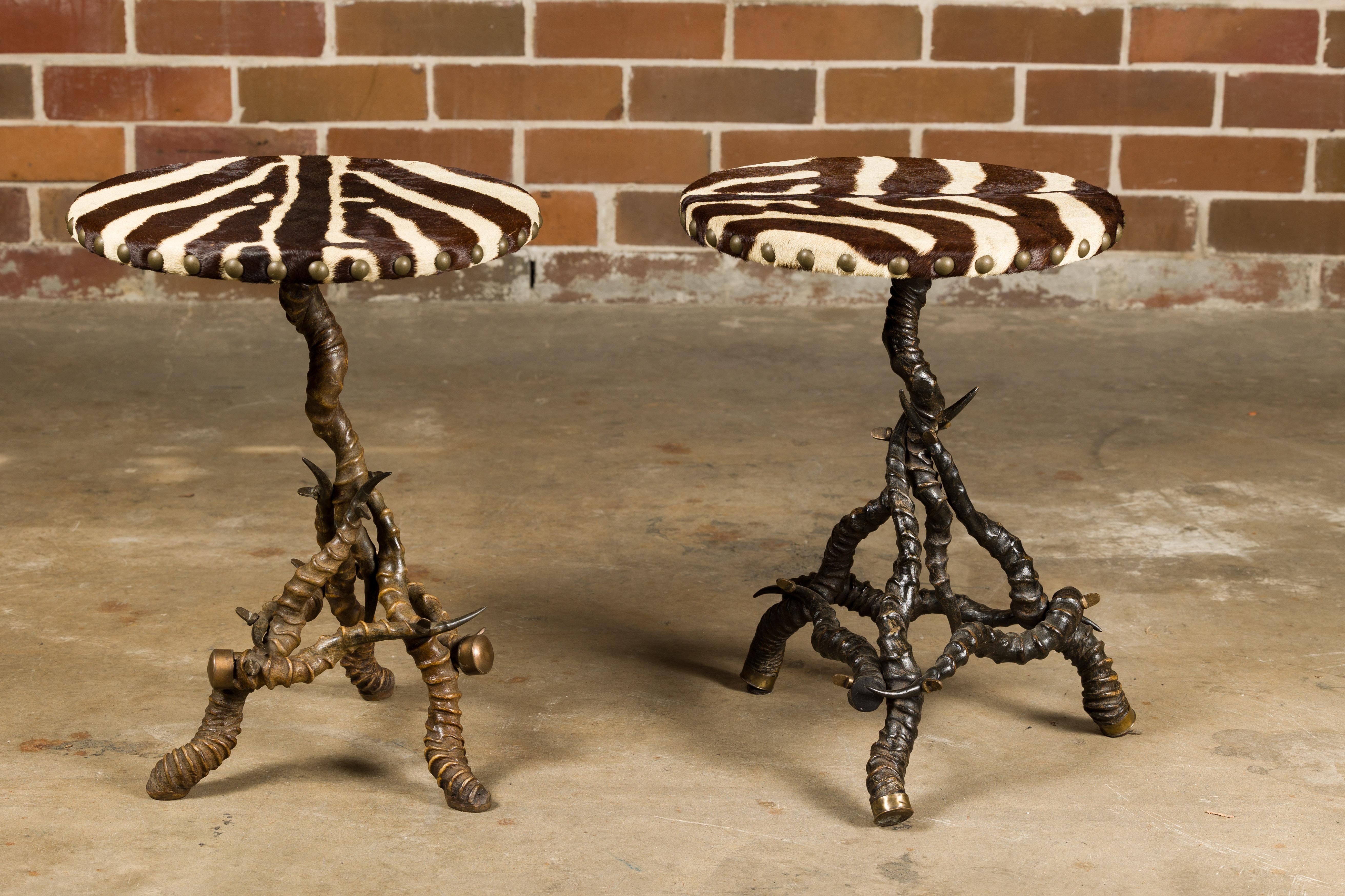 Contemporary Zebra Skin Circular Top Side Tables with Horn Bases, Two Sold Each For Sale