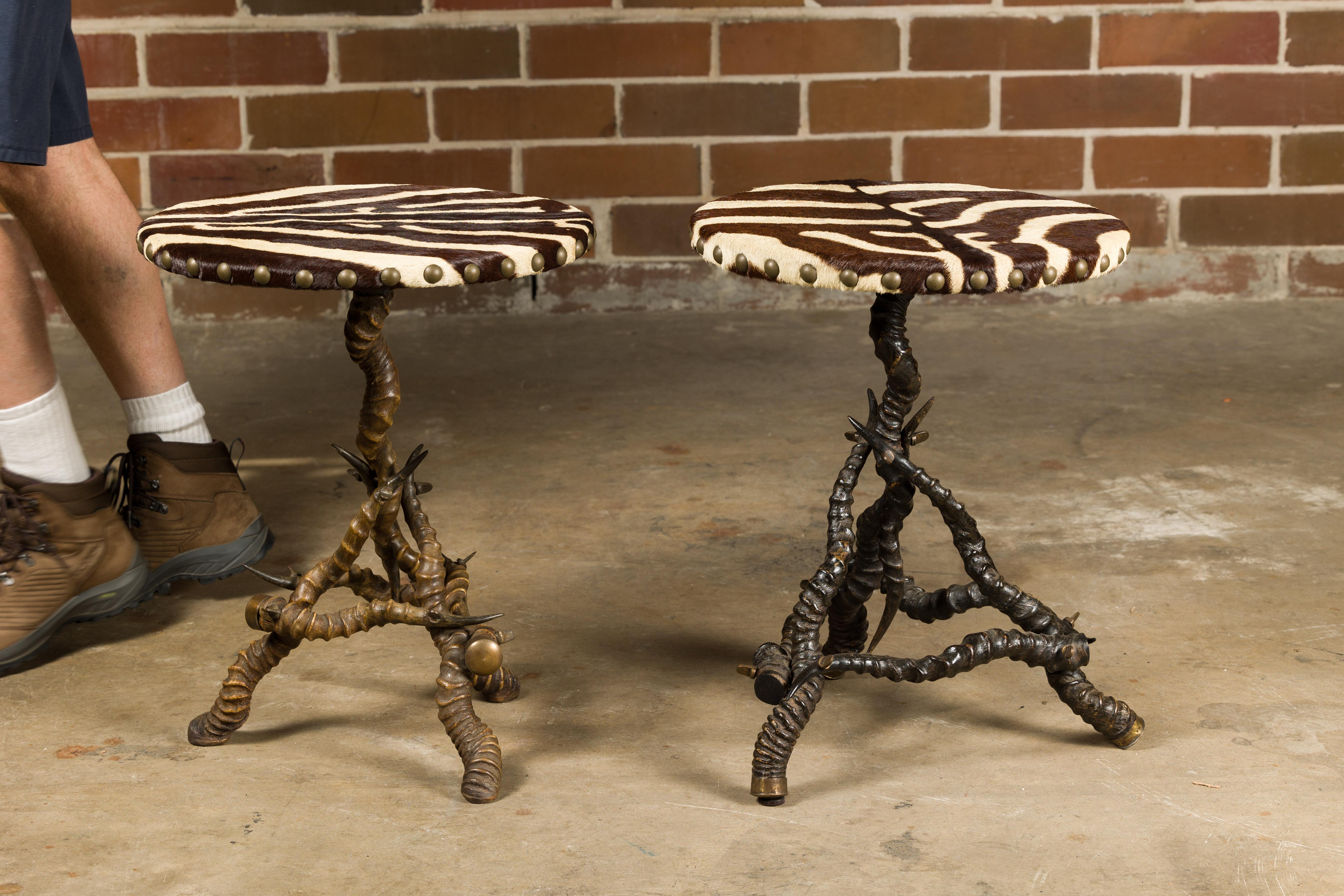 Zebra Skin Circular Top Side Tables with Horn Bases, Two Sold Each For Sale 1