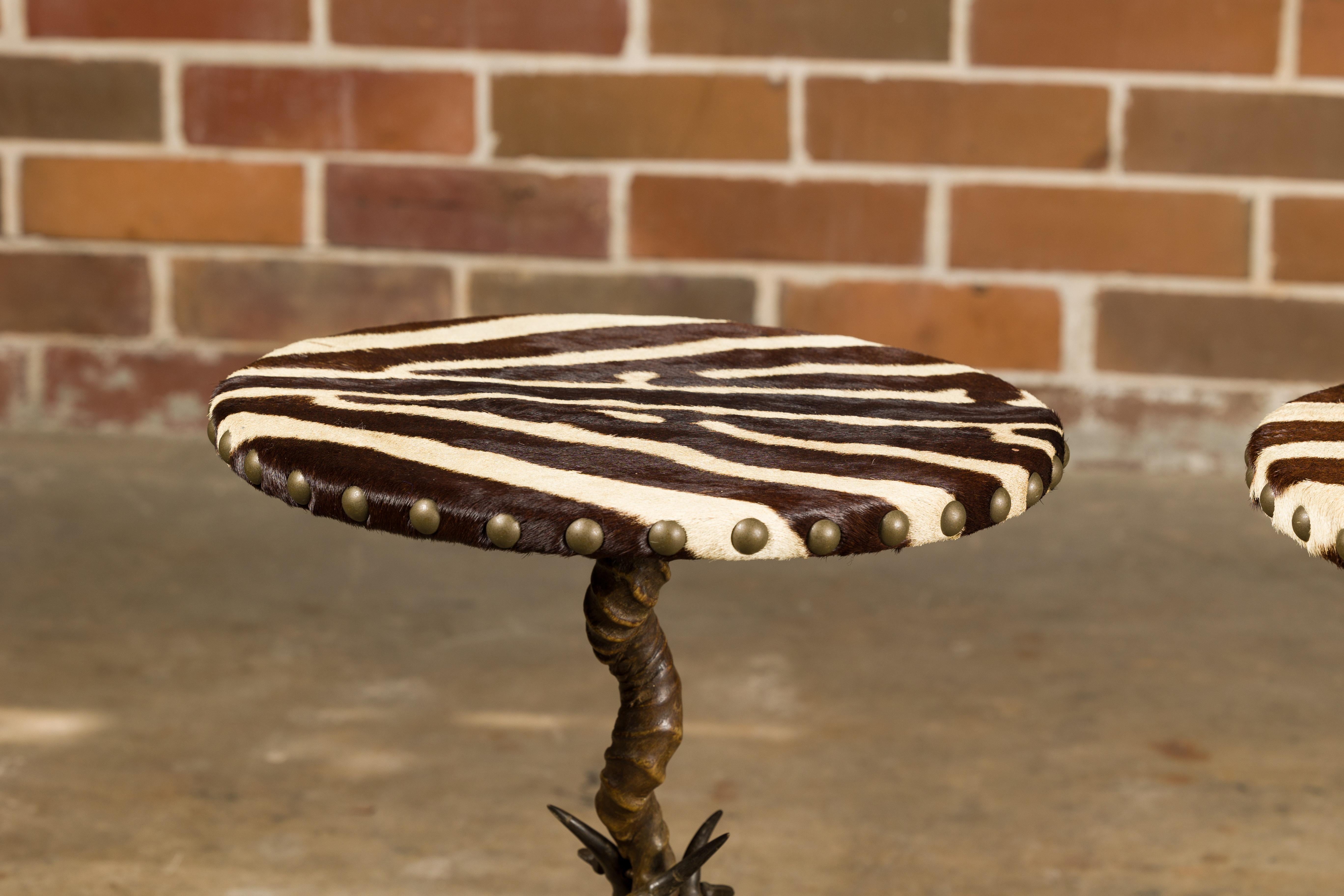 Zebra Skin Circular Top Side Tables with Horn Bases, Two Sold Each For Sale 2