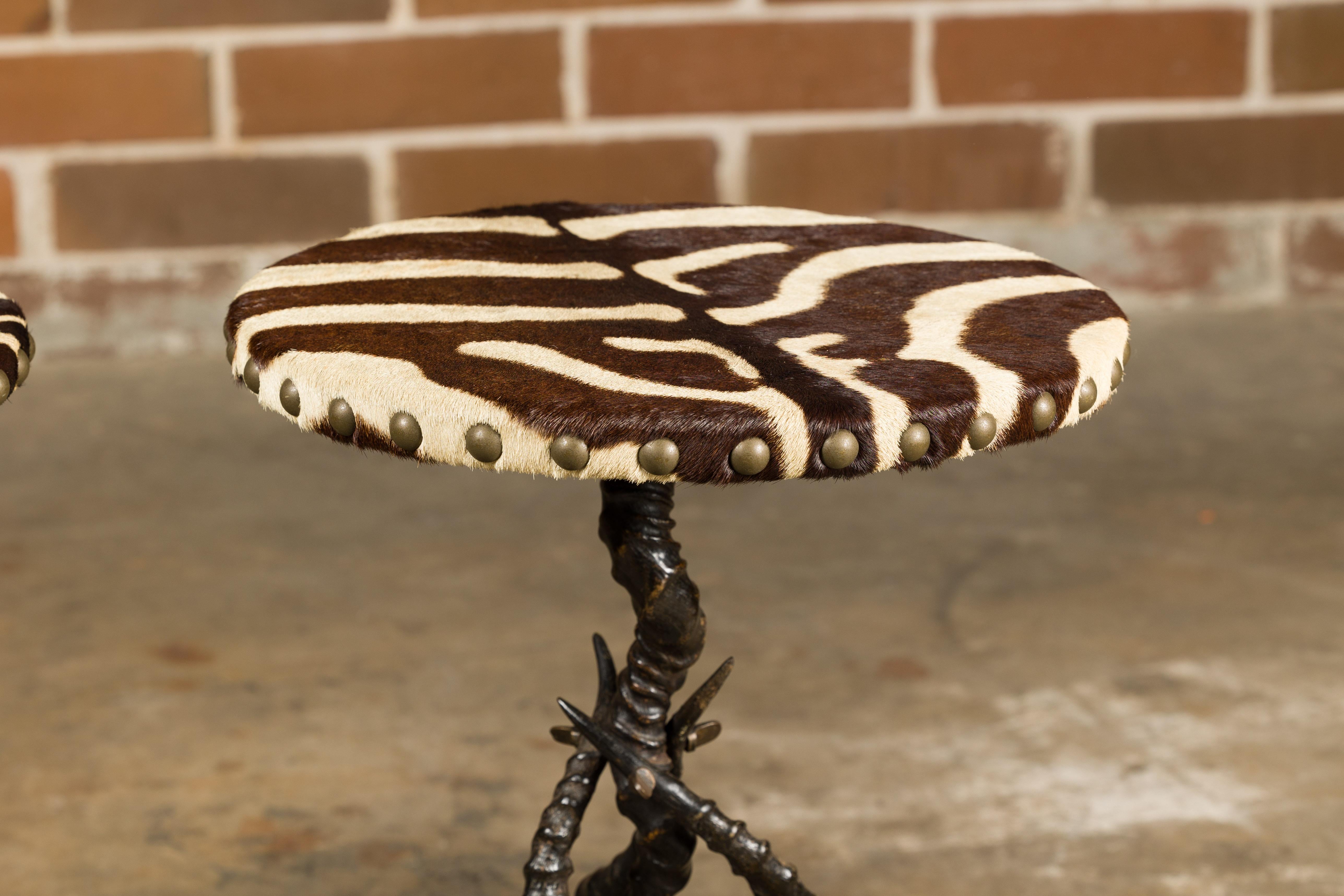 Zebra Skin Circular Top Side Tables with Horn Bases, Two Sold Each For Sale 4