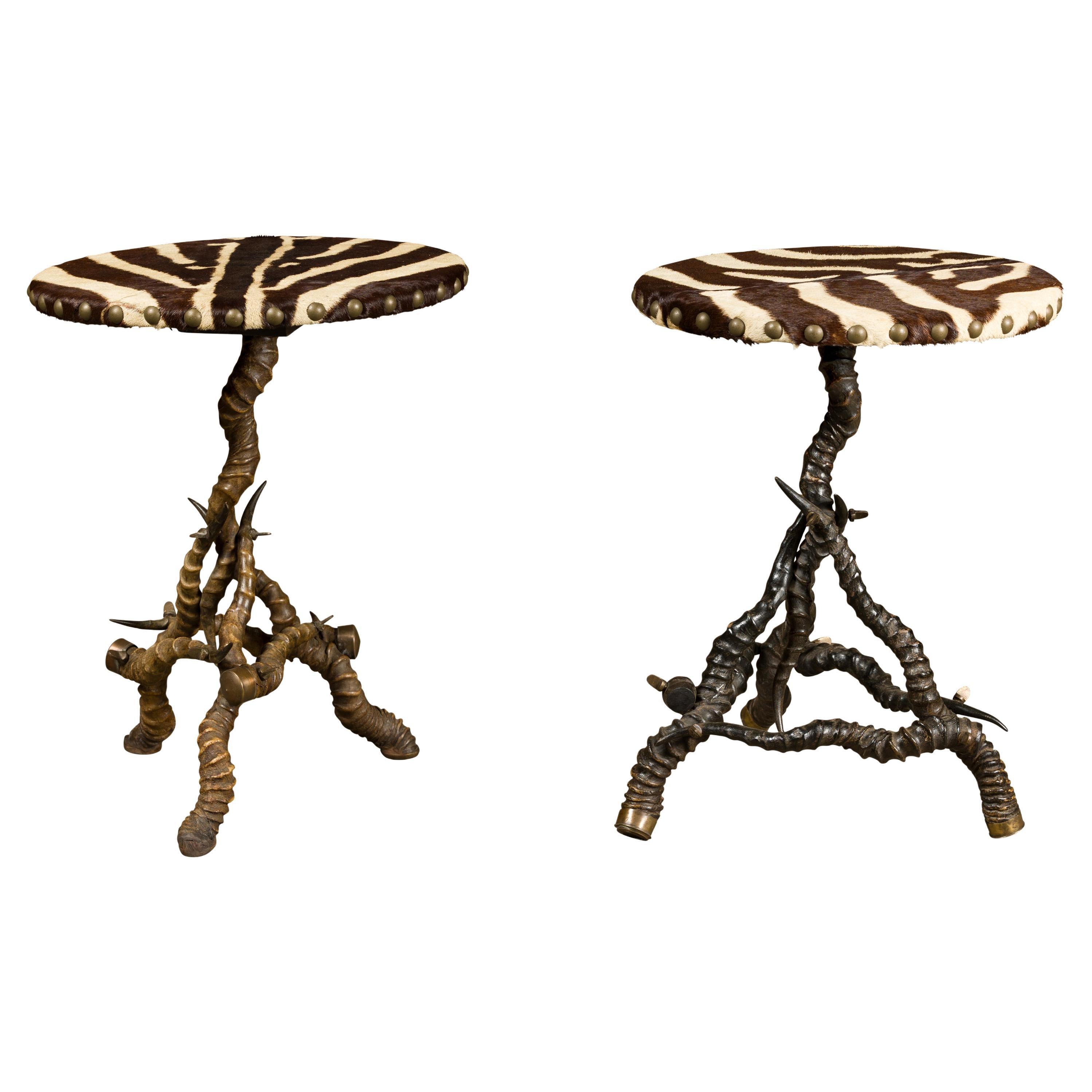 Zebra Skin Circular Top Side Tables with Horn Bases, Two Sold Each For Sale