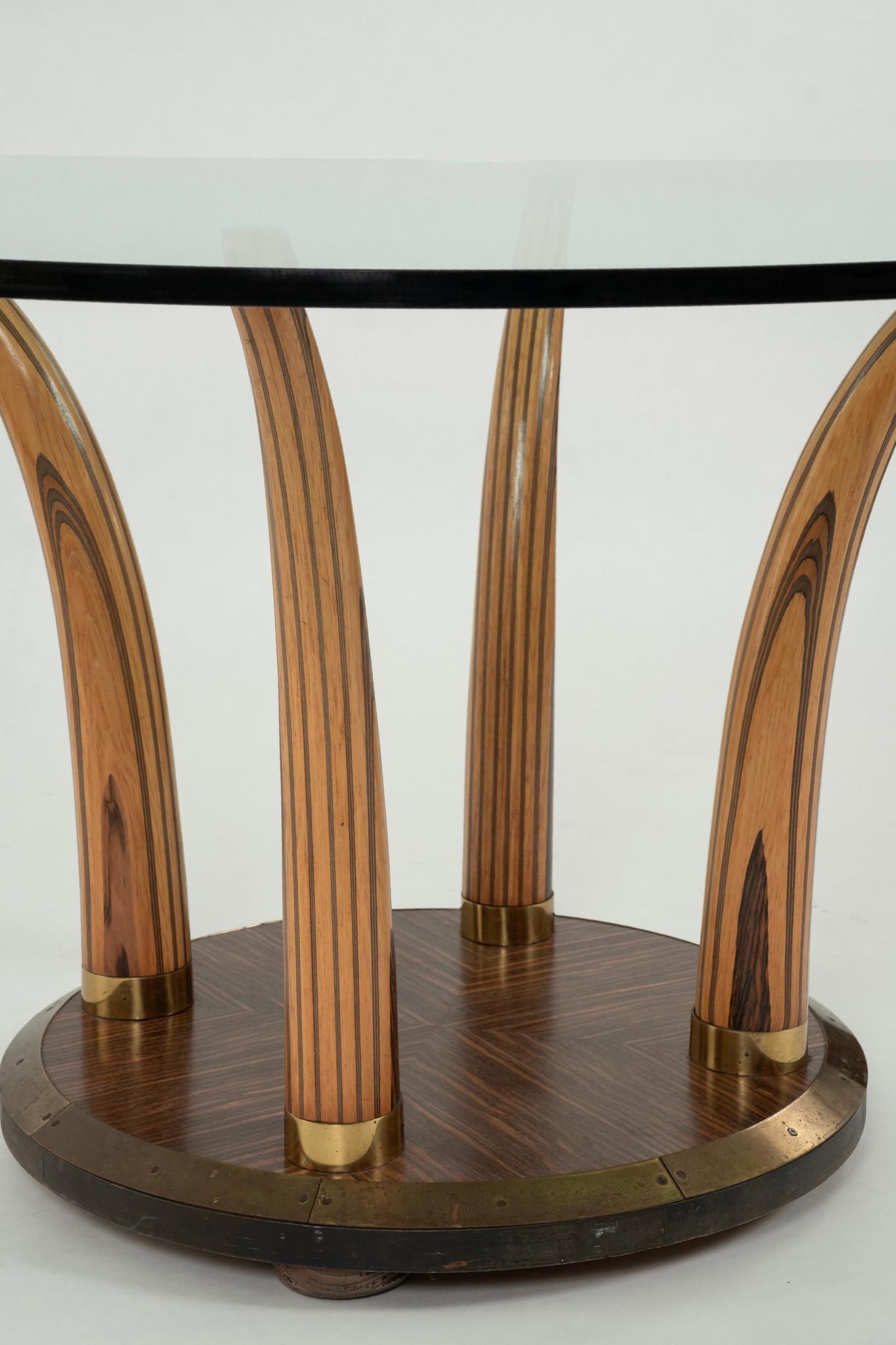 Zebra Wood Faux Tusk Dining Table With Glass Top In Good Condition For Sale In Houston, TX