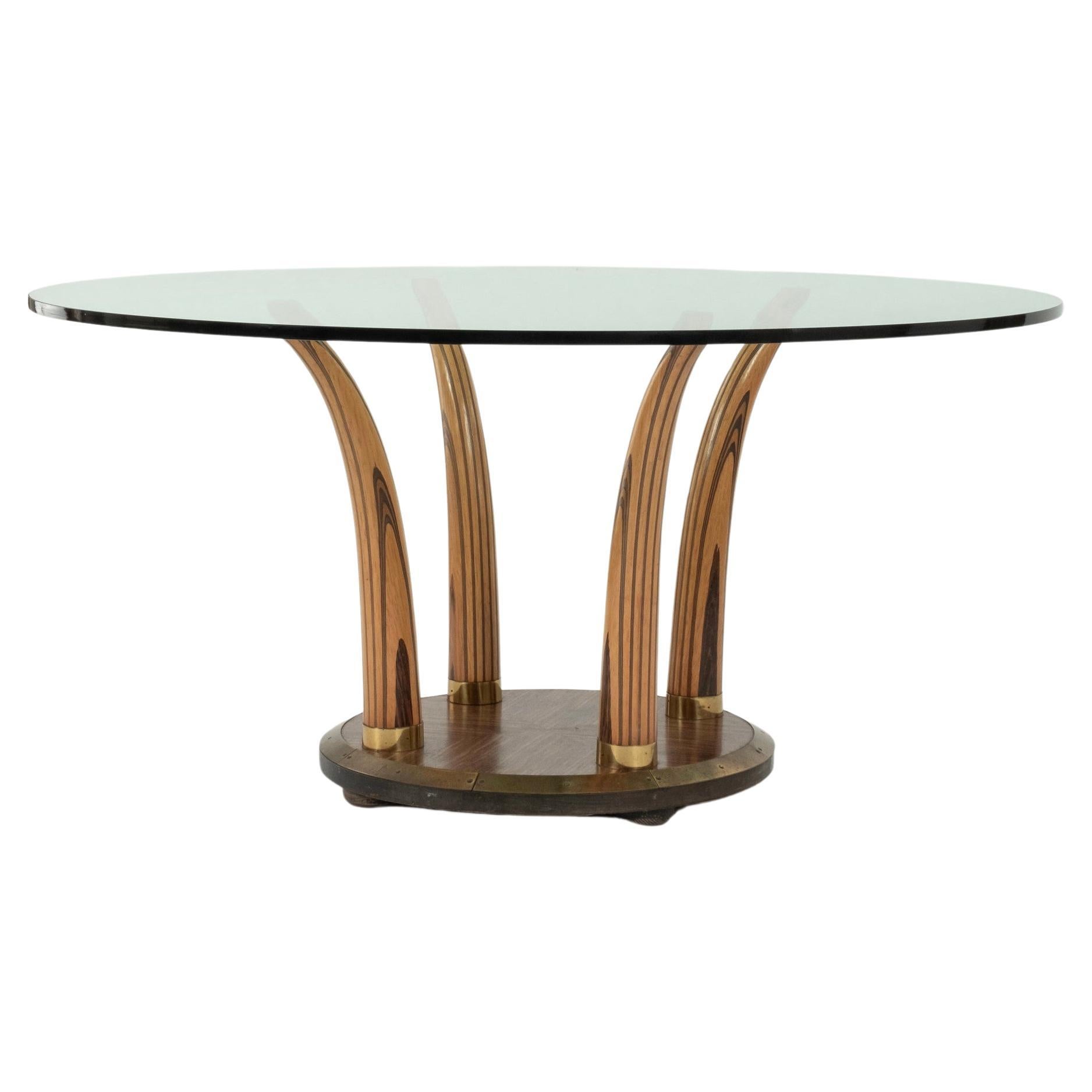 Zebra Wood Faux Tusk Dining Table With Glass Top For Sale