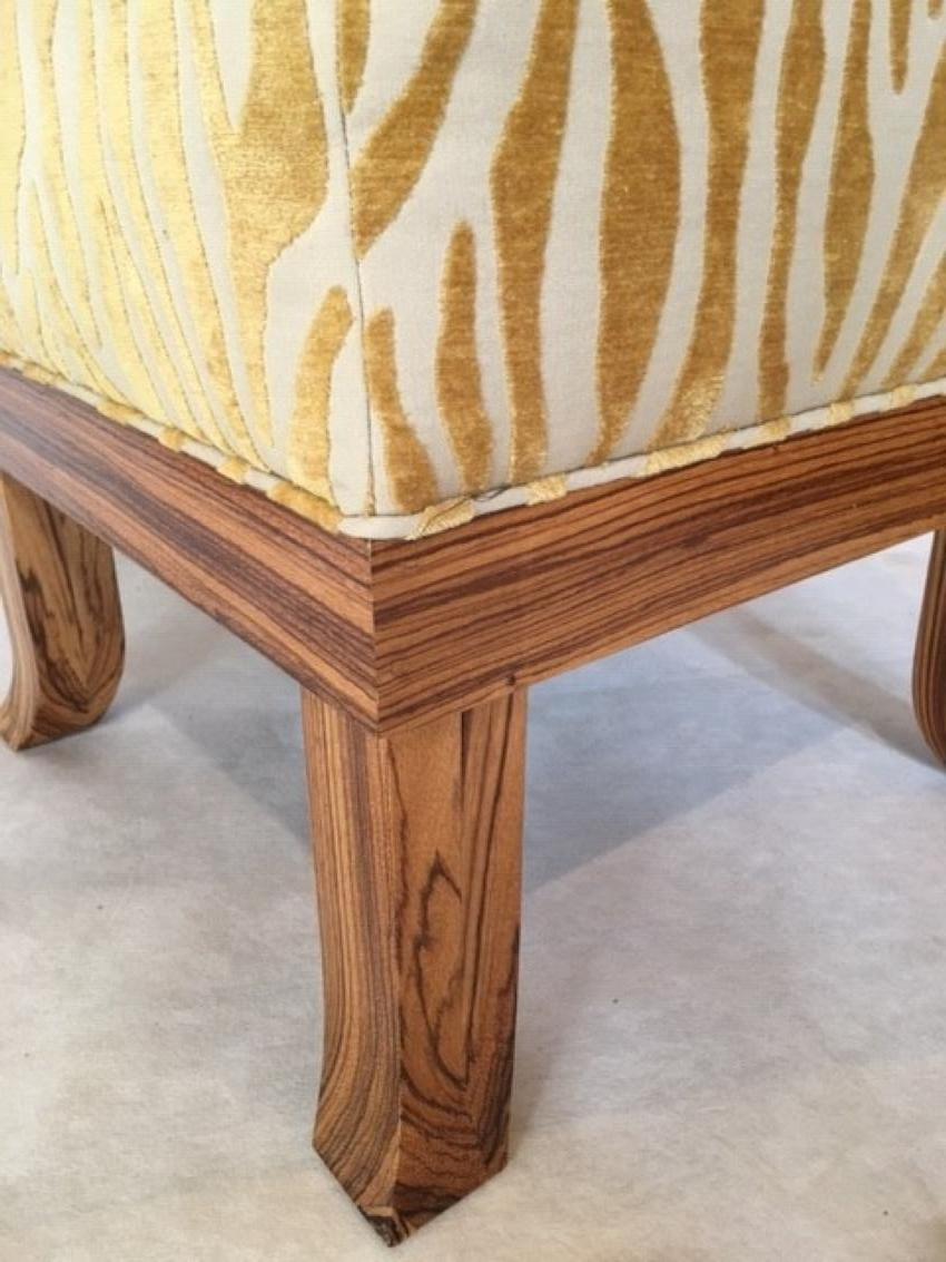 Zebra Wood Short Stop Ottoman with Gold Sculpted Embossed Chenille Upholstery

Measures: 19