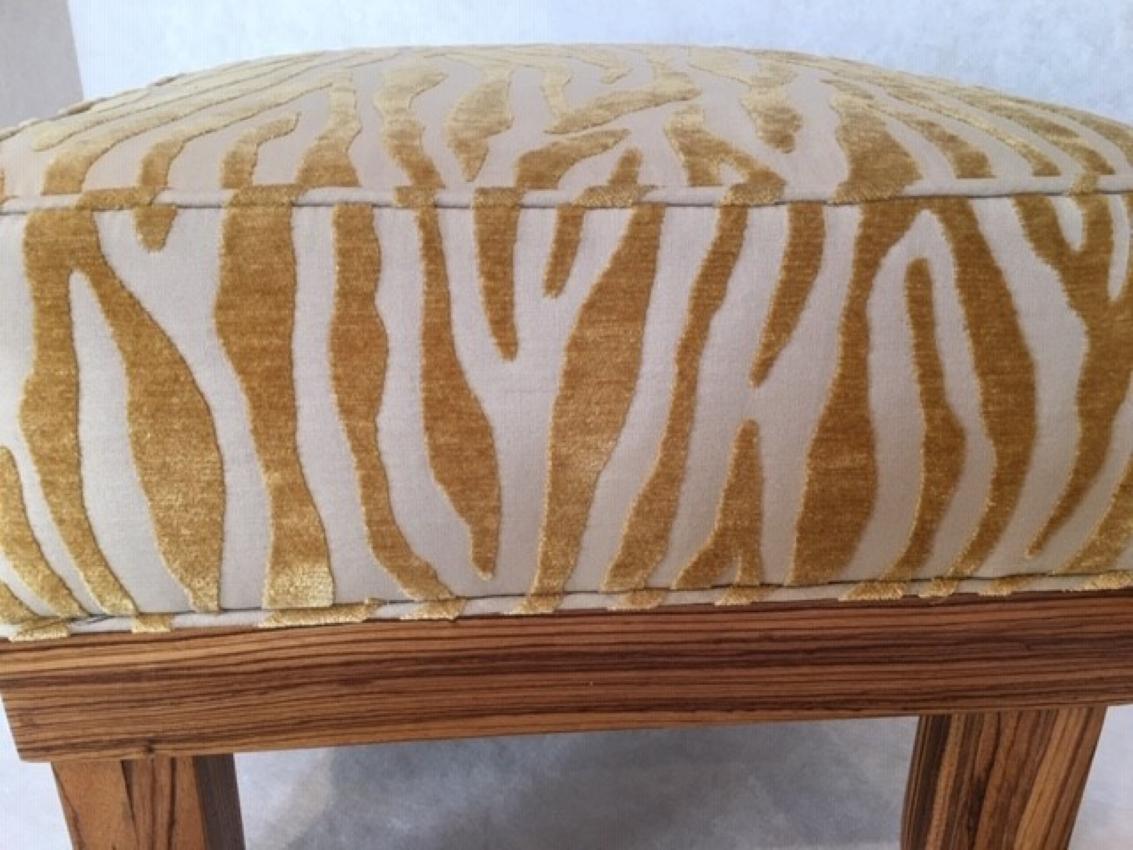 Organic Modern Zebra Wood Short Stop Ottoman with Gold Sculpted Embossed Chenille Upholstery