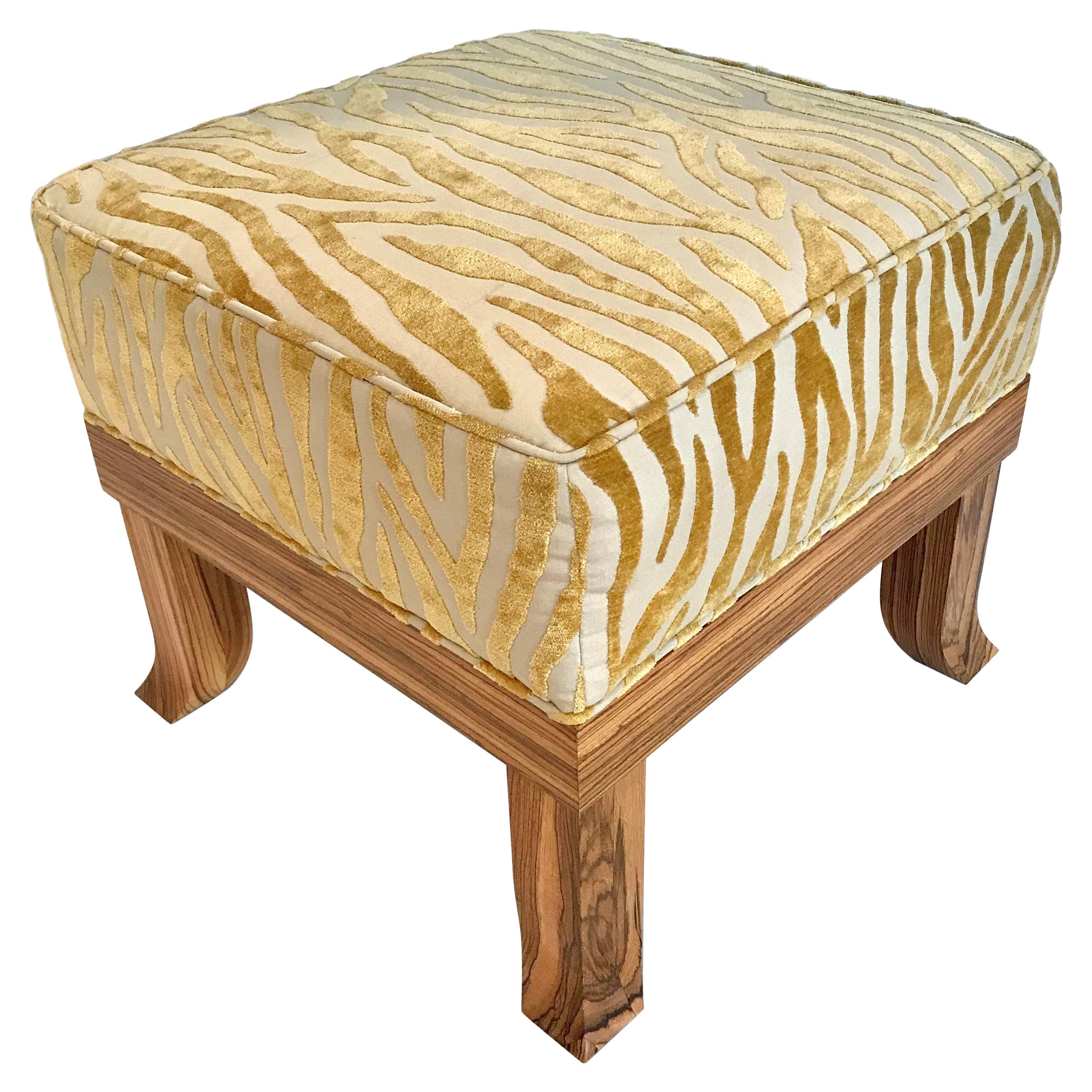 Zebra Wood Short Stop Ottoman with Gold Sculpted Embossed Chenille Upholstery