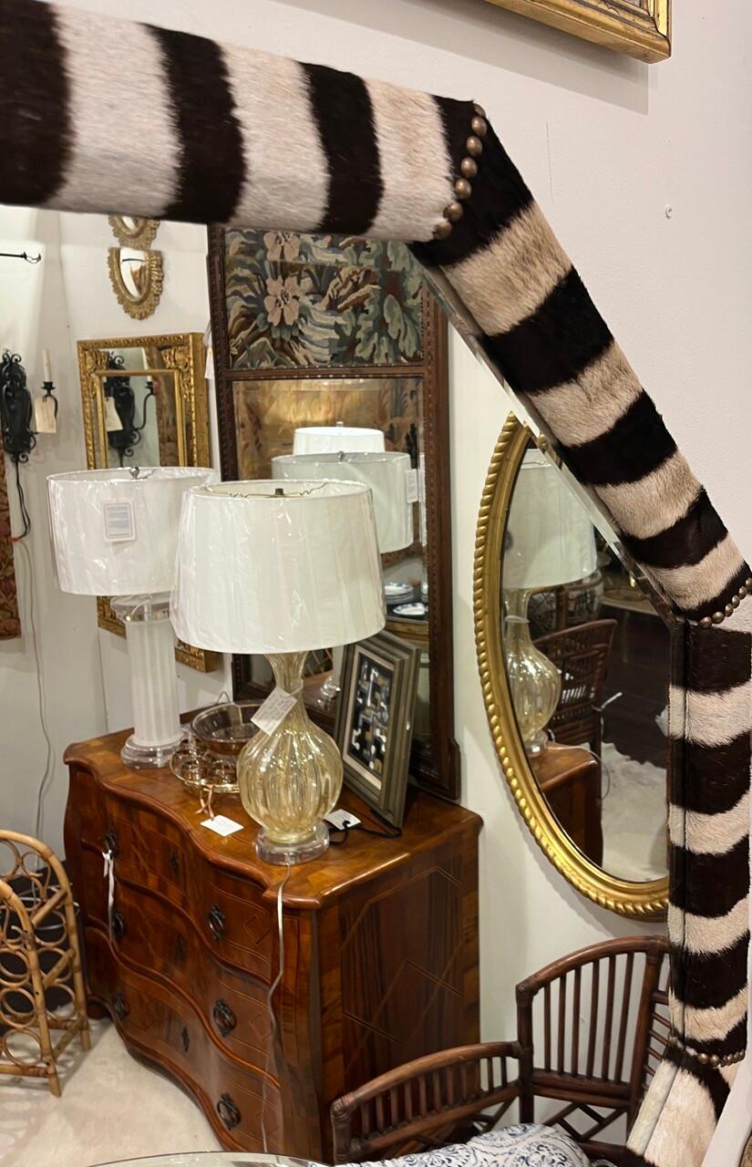 Modern Zebra Wrapped Octagonal Mirror with Brass Nailhead Embellishments For Sale