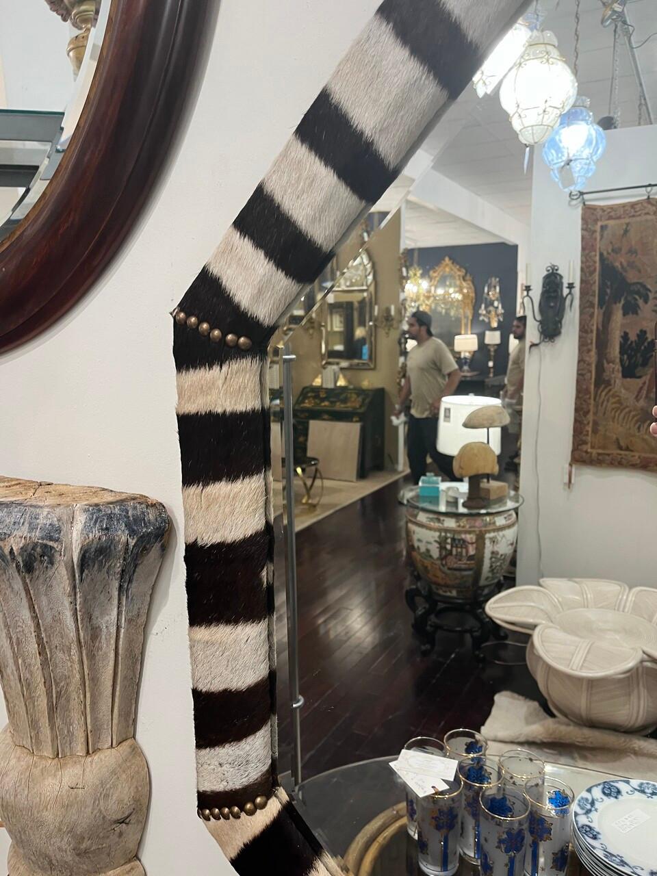 Contemporary Zebra Wrapped Octagonal Mirror with Brass Nailhead Embellishments For Sale