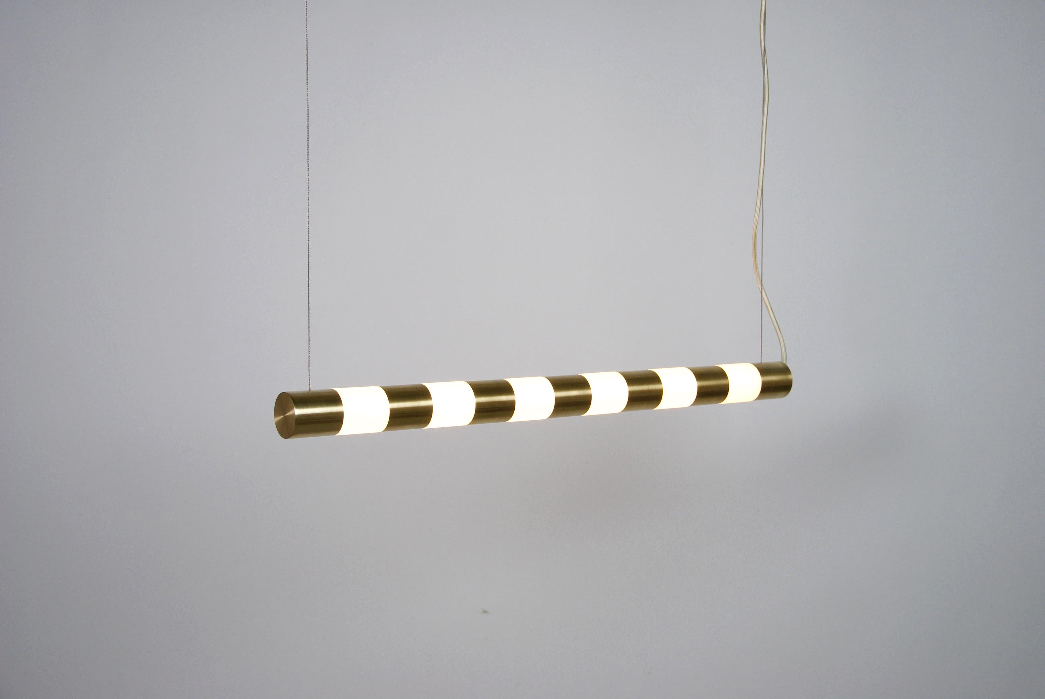 Zebrabra suspension by Helder Barbosa
Materials: brass, PVC, Led
Dimensions: 80 x diameter 5 cm

All our lamps can be wired according to each country. If sold to the USA it will be wired for the USA for instance.

Trained as a craftsman (école